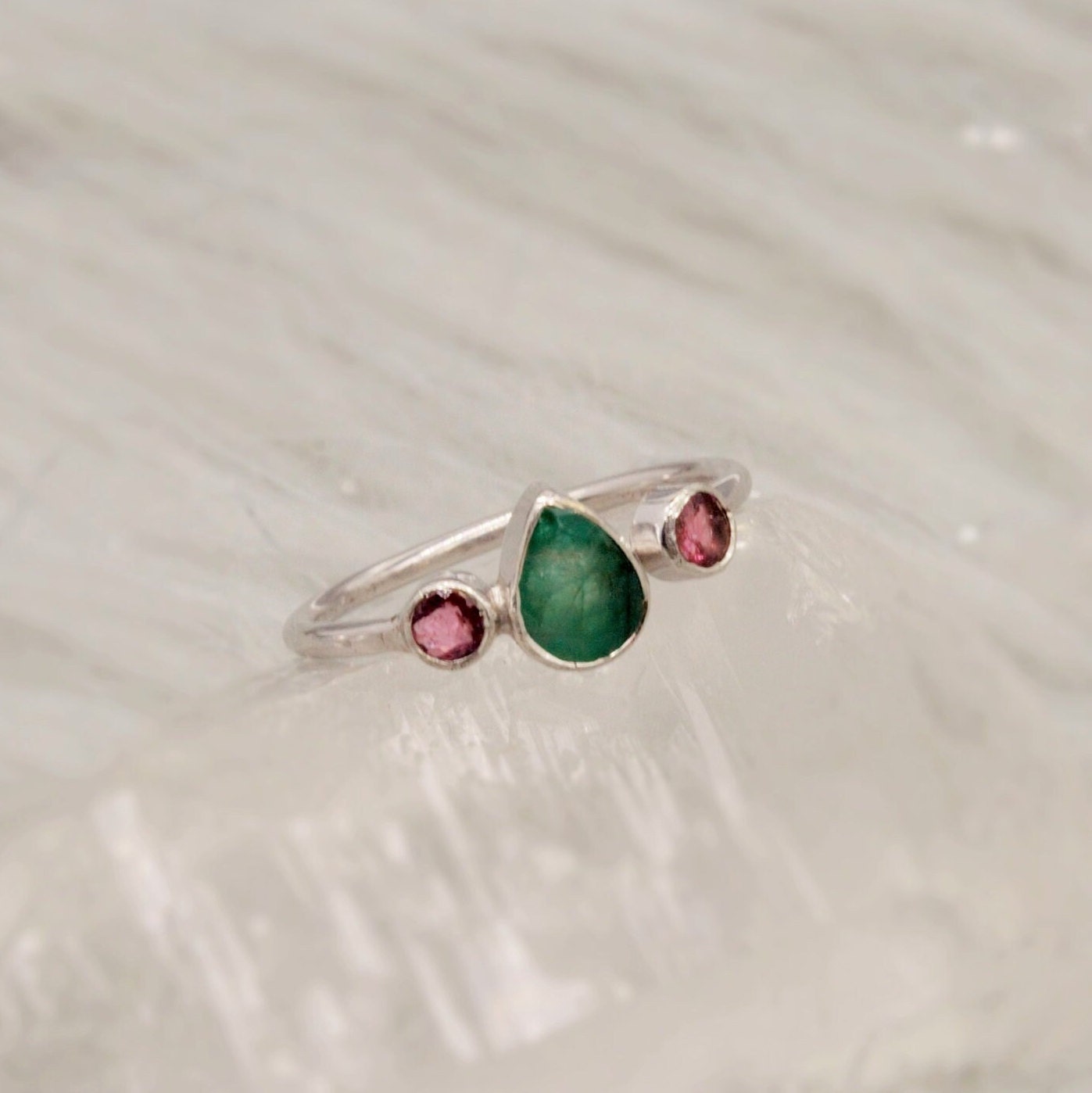 Pink Tourmaline, Emerald Silver Ring, Sterling Silver Emerald Jewelry, May, October Birthstone Ring, Stackable Rings For Women