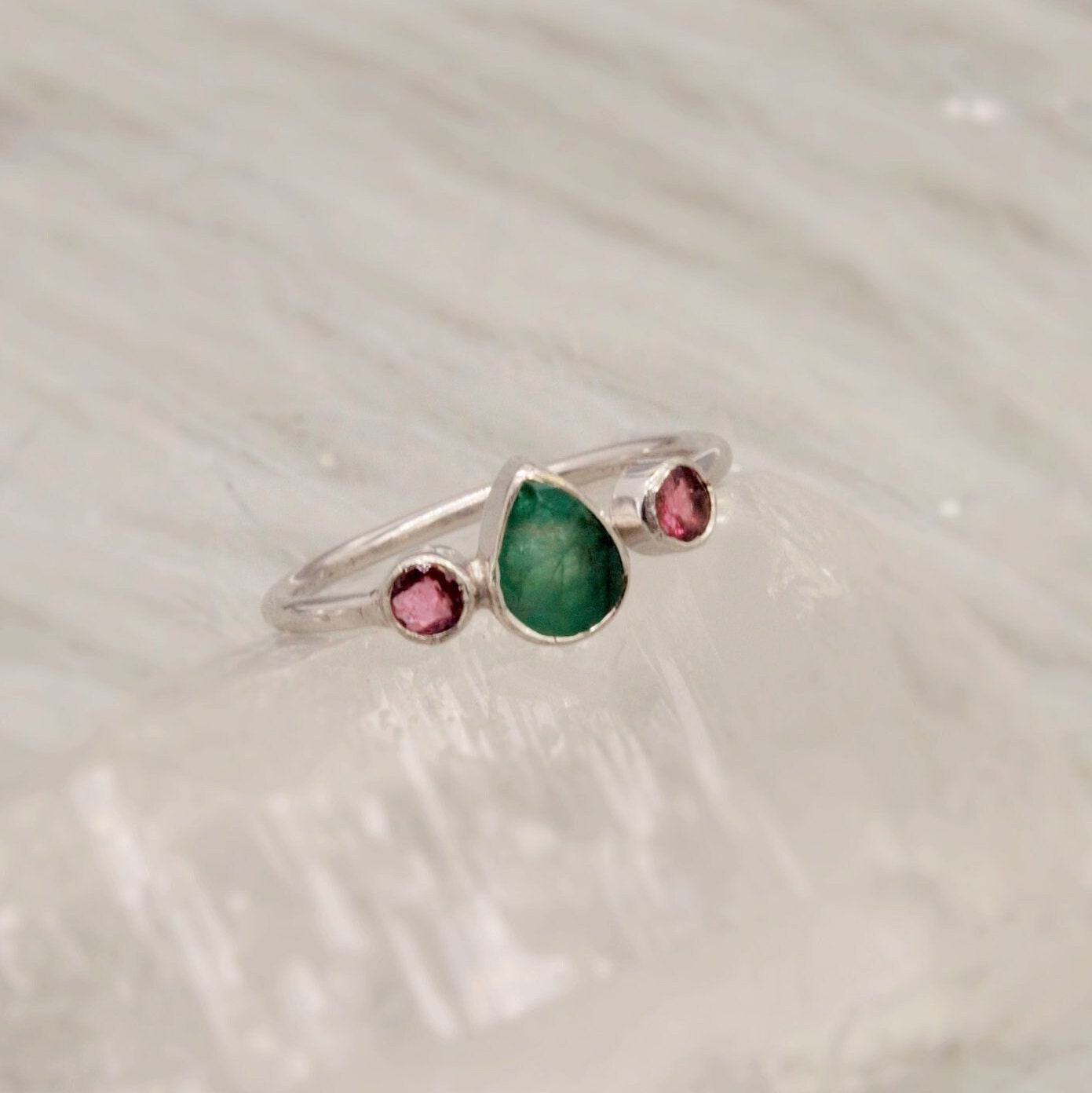 Pink Tourmaline, Emerald Silver Ring, Sterling Silver Emerald Jewelry, May, October Birthstone Ring, Stackable Rings For Women