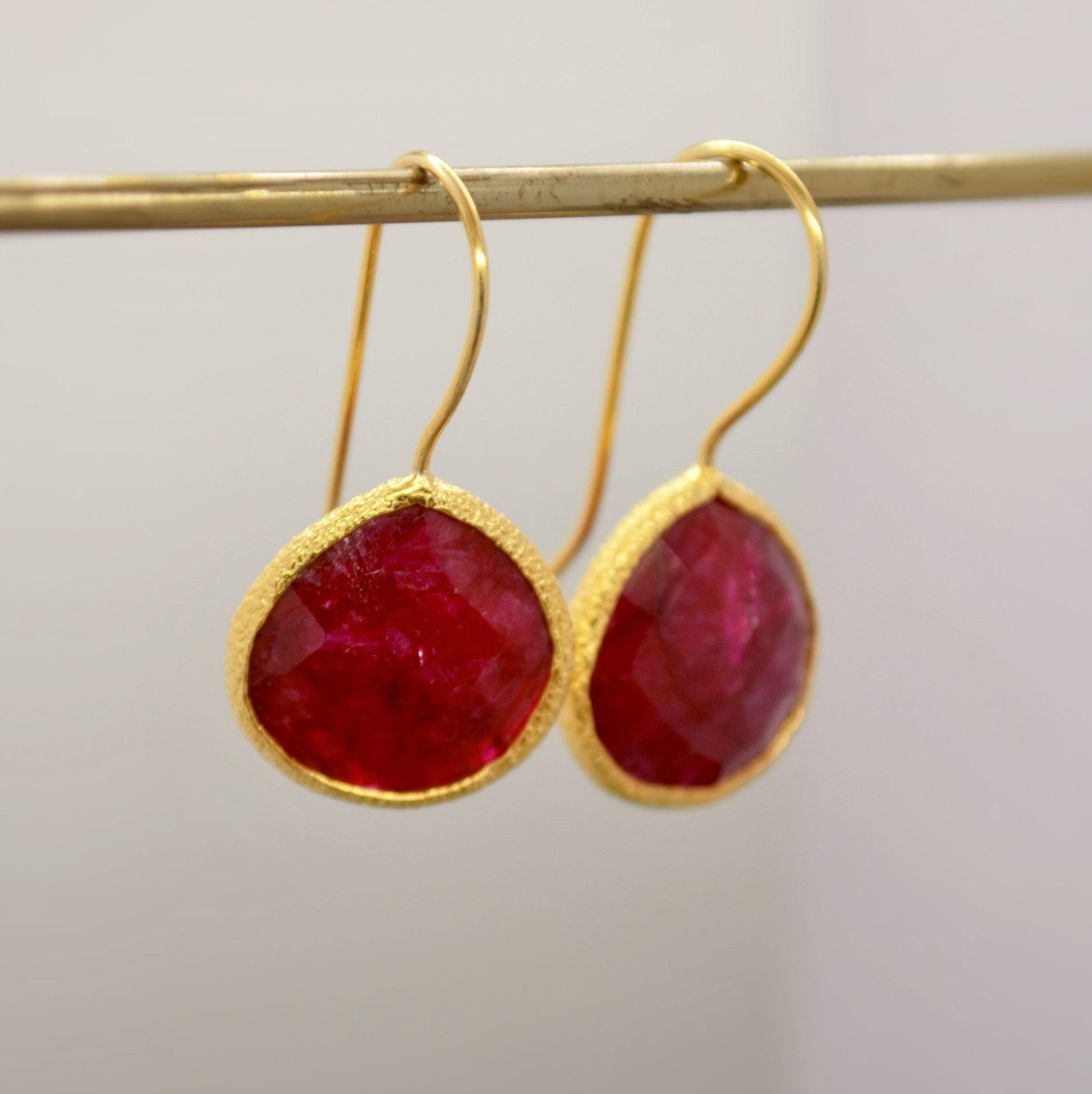 Dyed Red Ruby Silver Dangle Drop Earrings, Gold Plated Sterling Silver, Birthday Gifts For Her, Handmade Gemstone July Birthstone Earrings