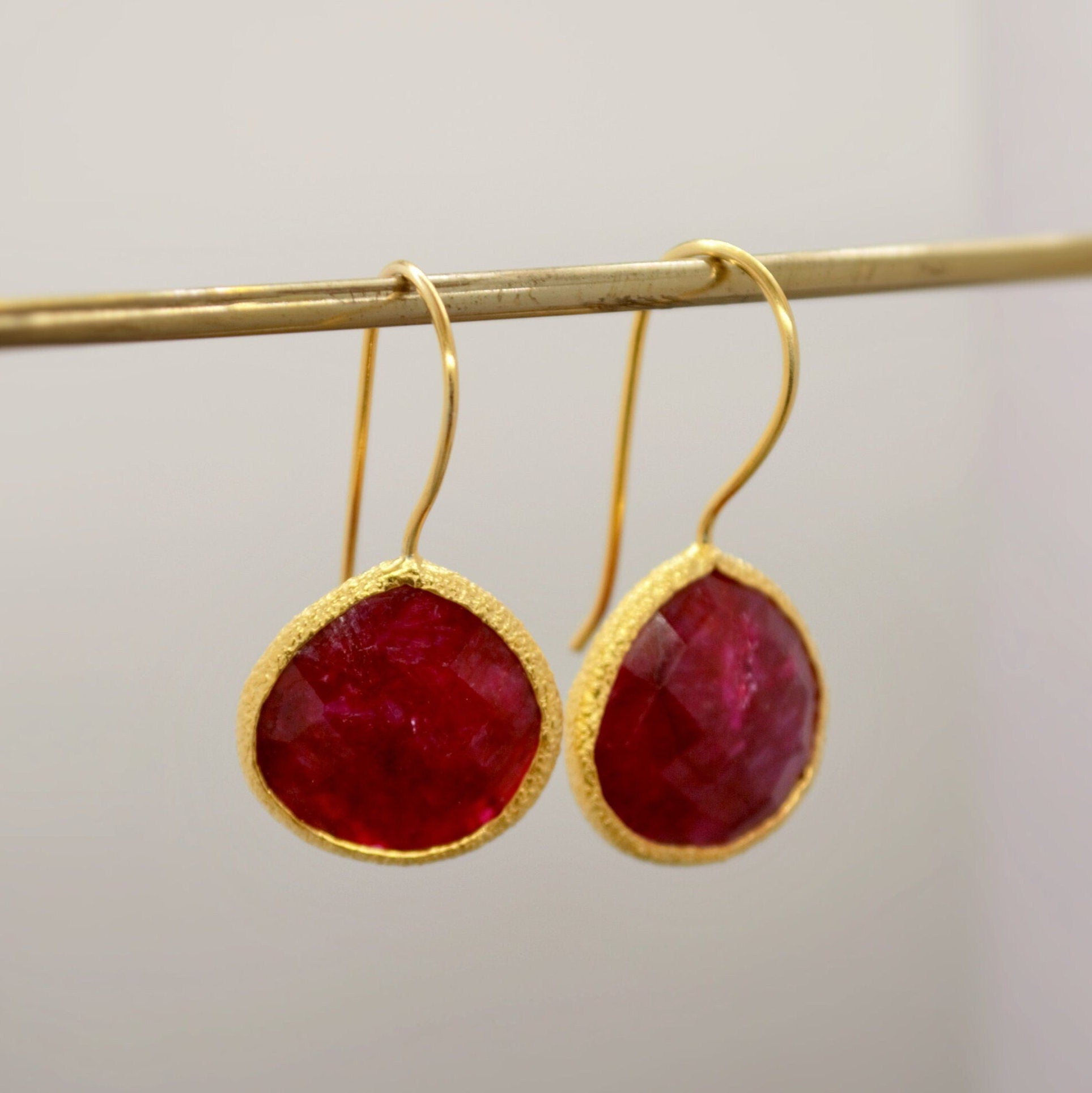 Dyed Red Ruby Silver Dangle Drop Earrings, Gold Plated Sterling Silver, Birthday Gifts For Her, Handmade Gemstone July Birthstone Earrings