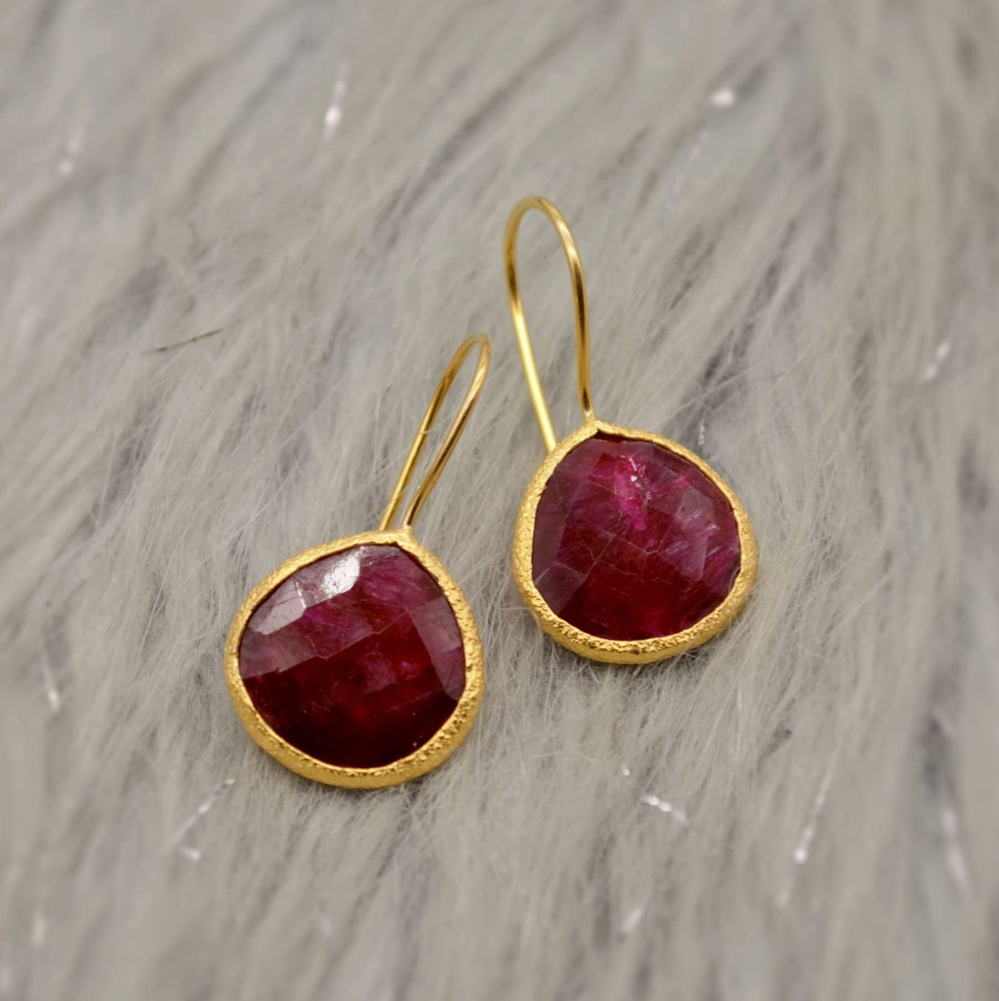 Dyed Red Ruby Silver Dangle Drop Earrings, Gold Plated Sterling Silver, Birthday Gifts For Her, Handmade Gemstone July Birthstone Earrings