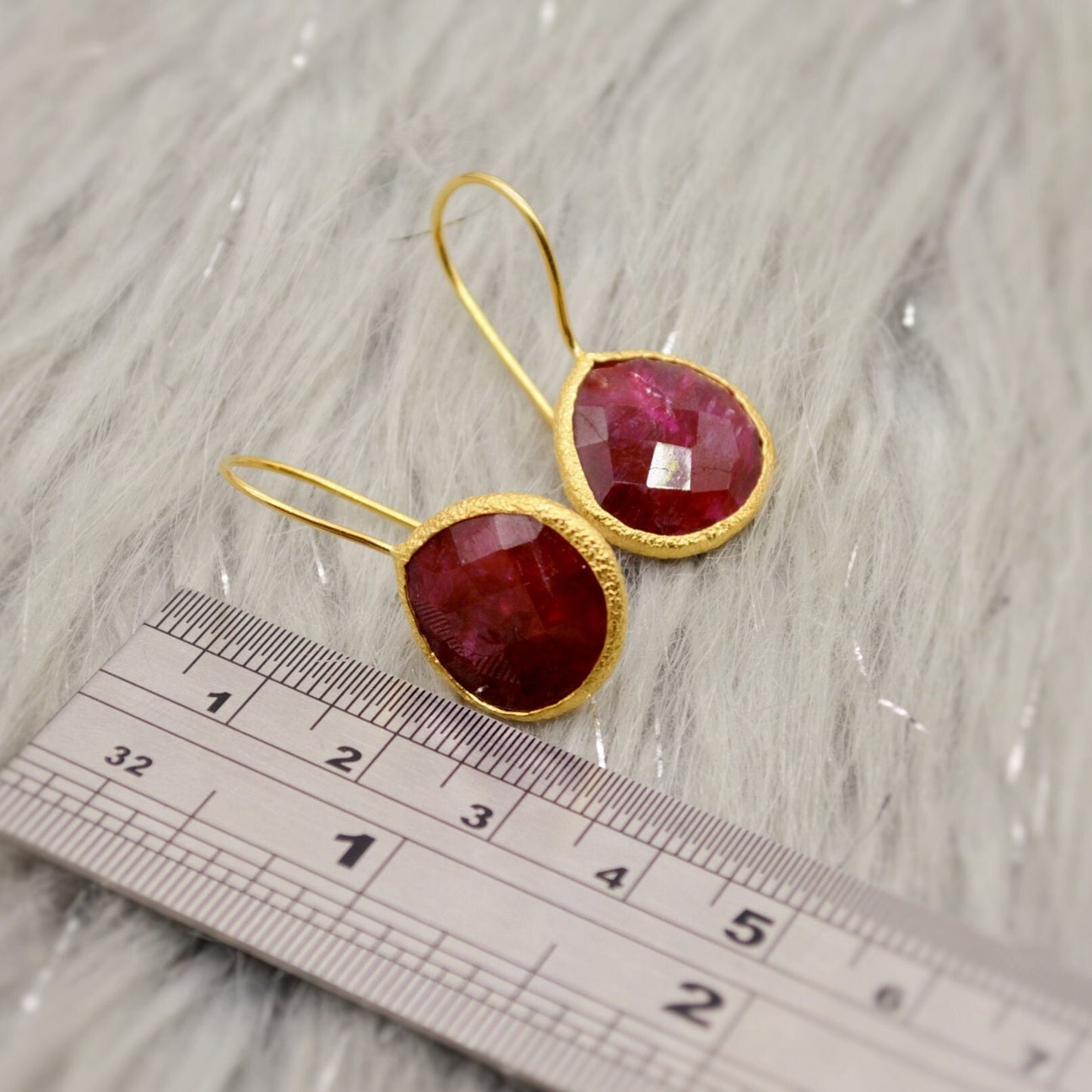 Dyed Red Ruby Silver Dangle Drop Earrings, Gold Plated Sterling Silver, Birthday Gifts For Her, Handmade Gemstone July Birthstone Earrings