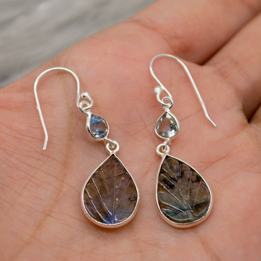 Labradorite, Blue Topaz Drop Earrings, Dangle Gemstone Earrings, Unique Sterling Silver Earrings, December Birthstone, Gift For Her