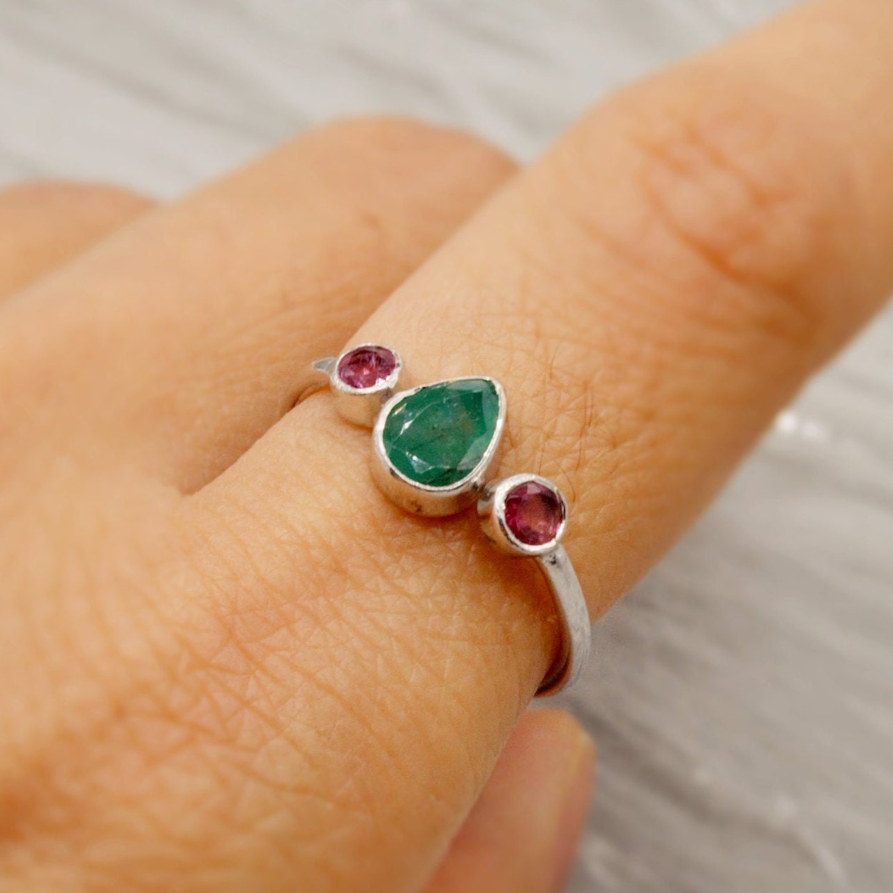 Pink Tourmaline, Emerald Silver Ring, Sterling Silver Emerald Jewelry, May, October Birthstone Ring, Stackable Rings For Women