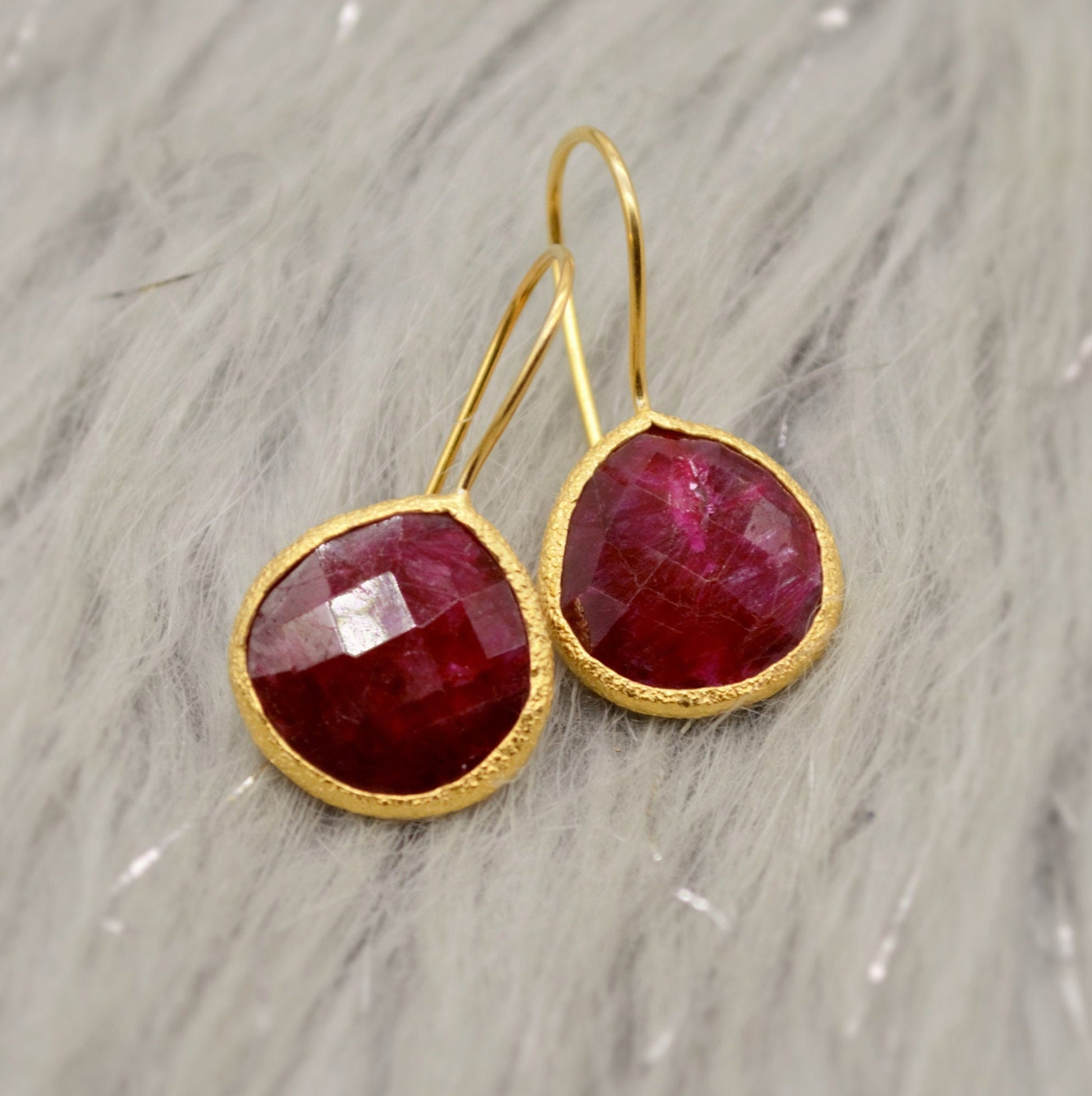 Dyed Red Ruby Silver Dangle Drop Earrings, Gold Plated Sterling Silver, Birthday Gifts For Her, Handmade Gemstone July Birthstone Earrings