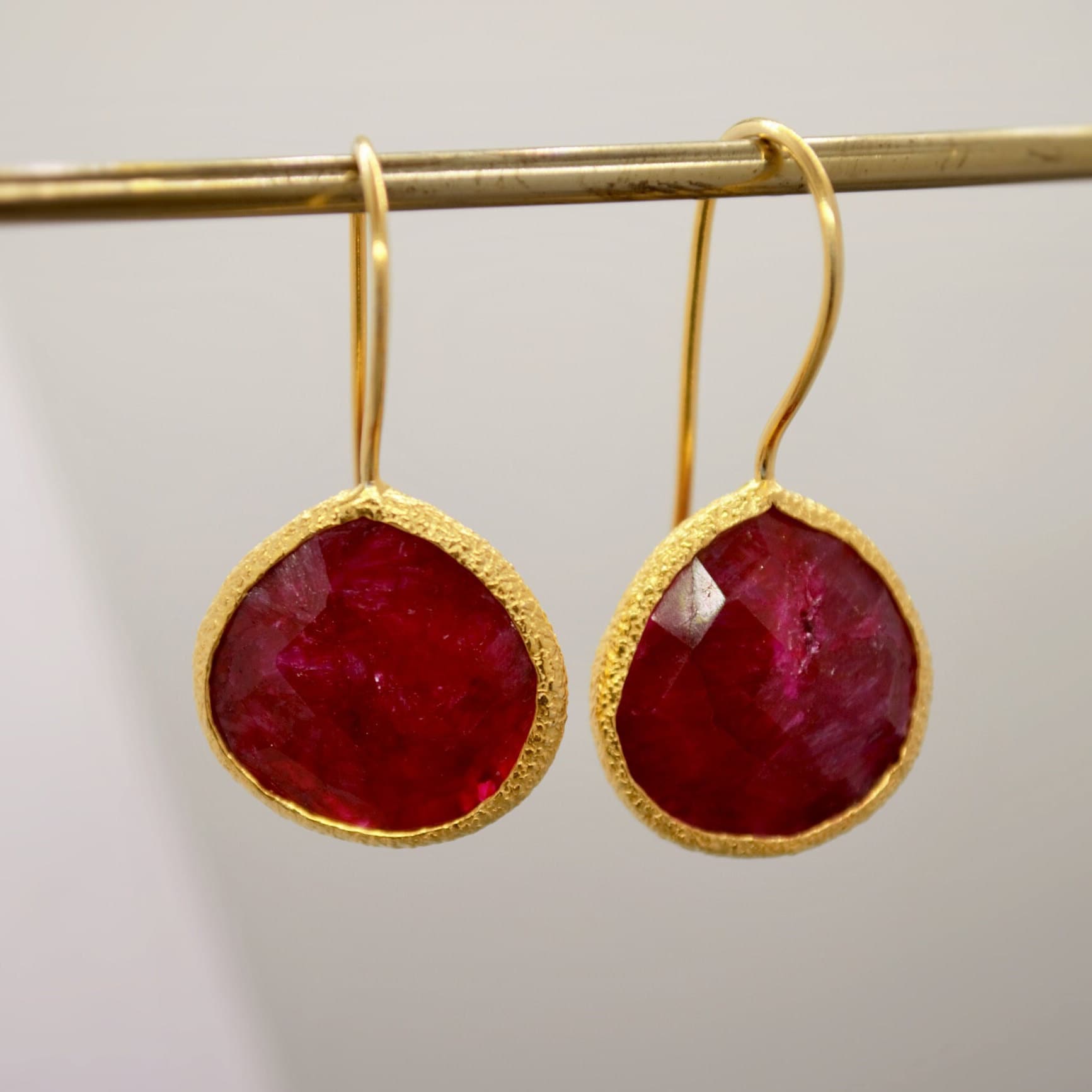 Dyed Red Ruby Silver Dangle Drop Earrings, Gold Plated Sterling Silver, Birthday Gifts For Her, Handmade Gemstone July Birthstone Earrings