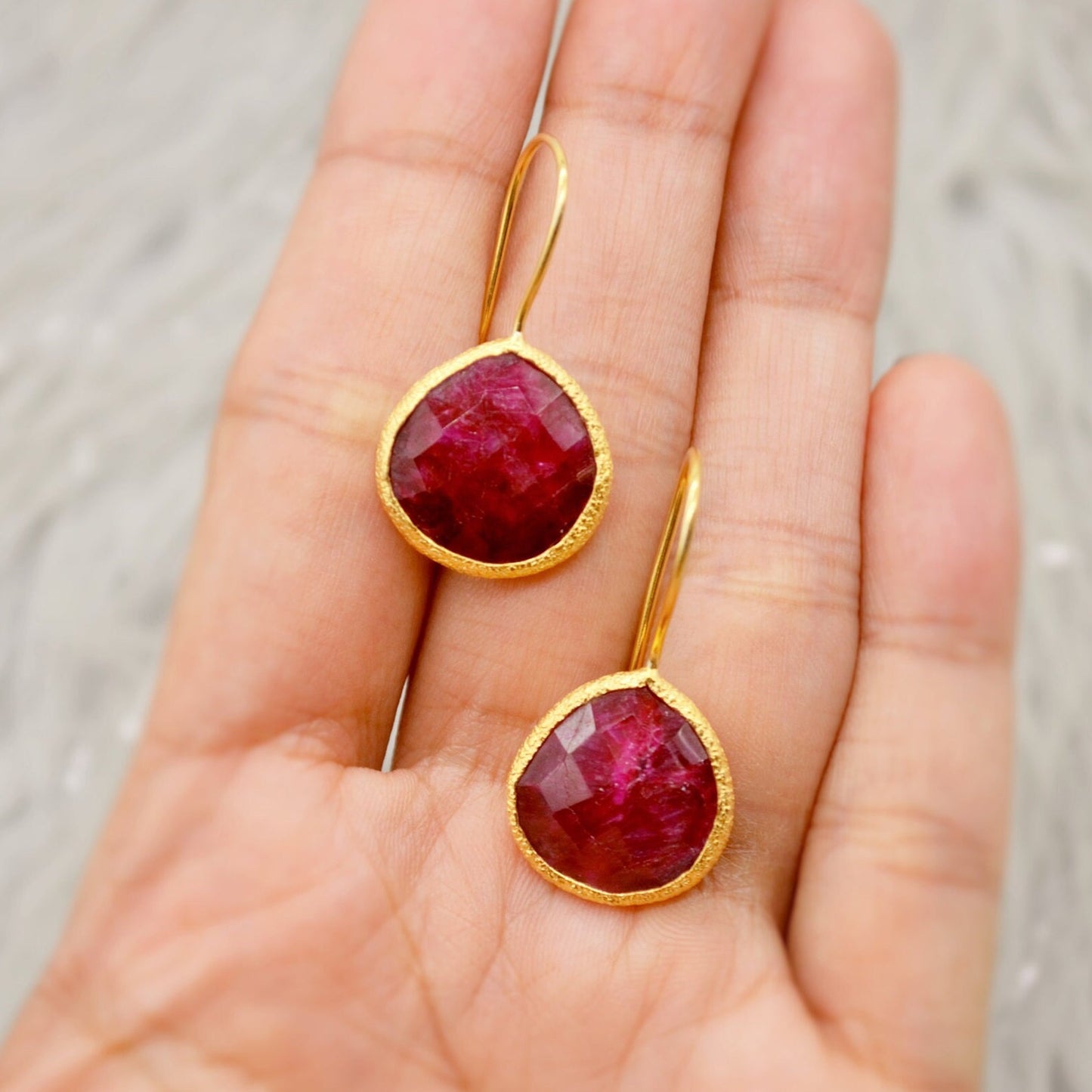 Dyed Red Ruby Silver Dangle Drop Earrings, Gold Plated Sterling Silver, Birthday Gifts For Her, Handmade Gemstone July Birthstone Earrings