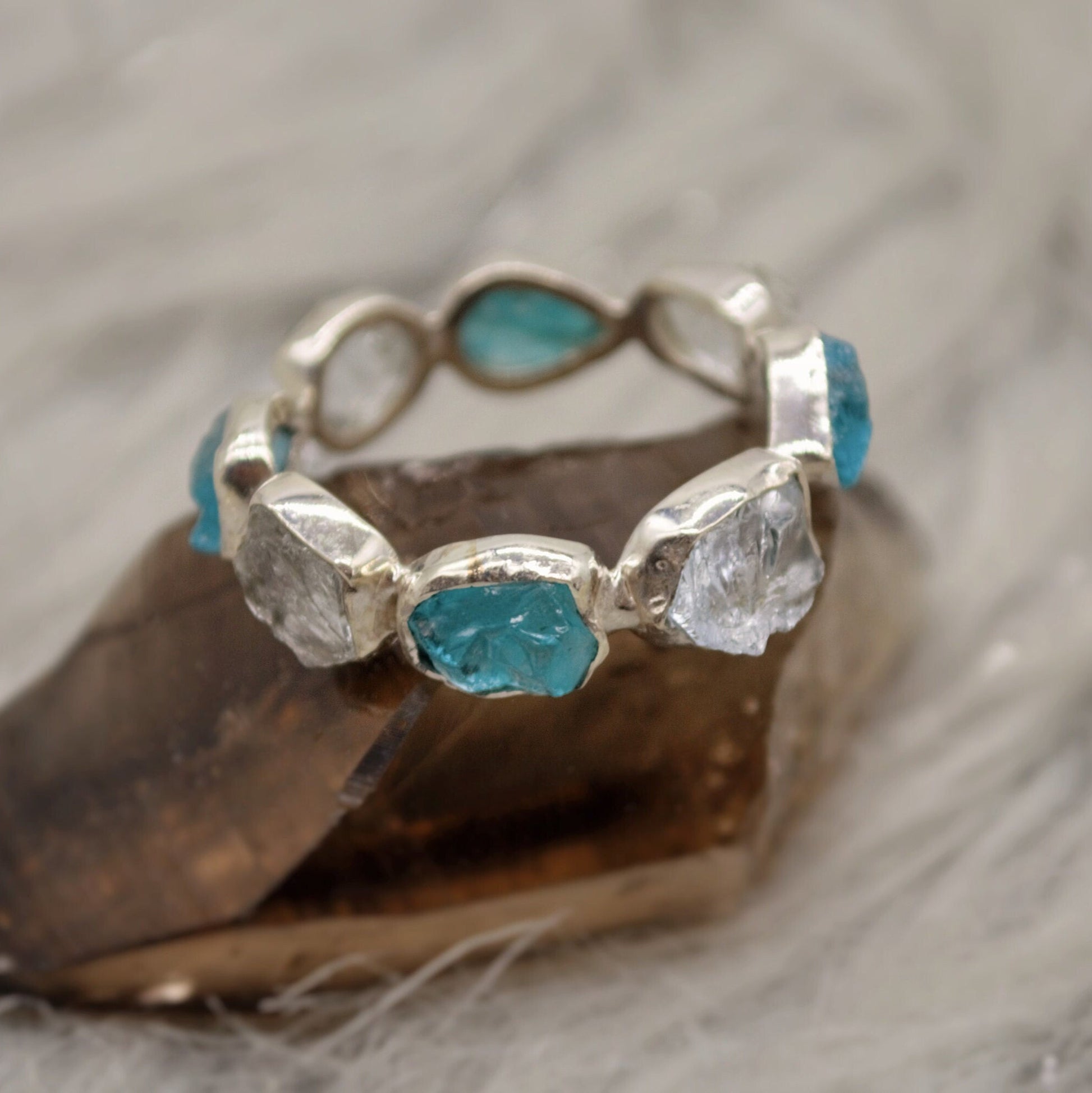 Raw Blue Apatite, Aquamarine Ring, Sterling Silver Ring, March Birthstone, Blue Gemstone Eternity Rings For Women, Apatite Jewelry