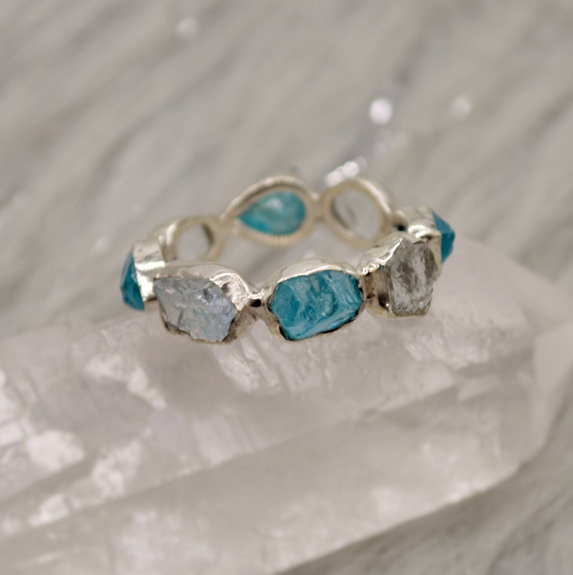 Raw Blue Apatite, Aquamarine Ring, Sterling Silver Ring, March Birthstone, Blue Gemstone Eternity Rings For Women, Apatite Jewelry