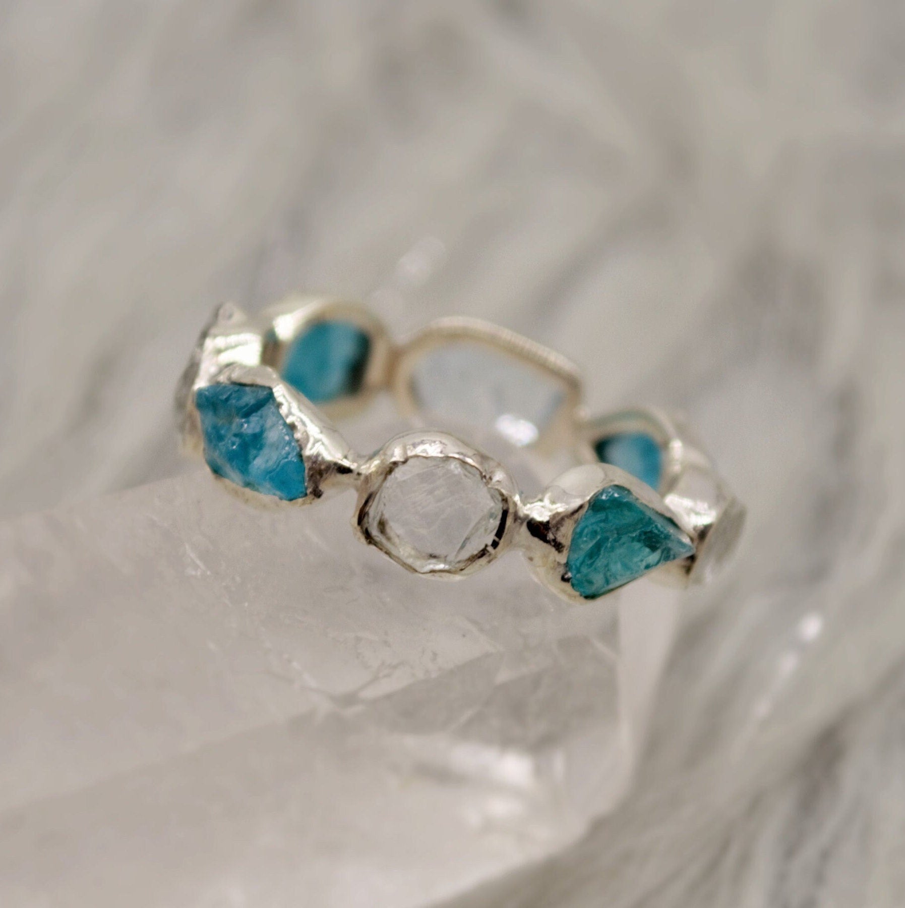 Raw Blue Apatite, Aquamarine Ring, Sterling Silver Ring, March Birthstone, Blue Gemstone Eternity Rings For Women, Apatite Jewelry