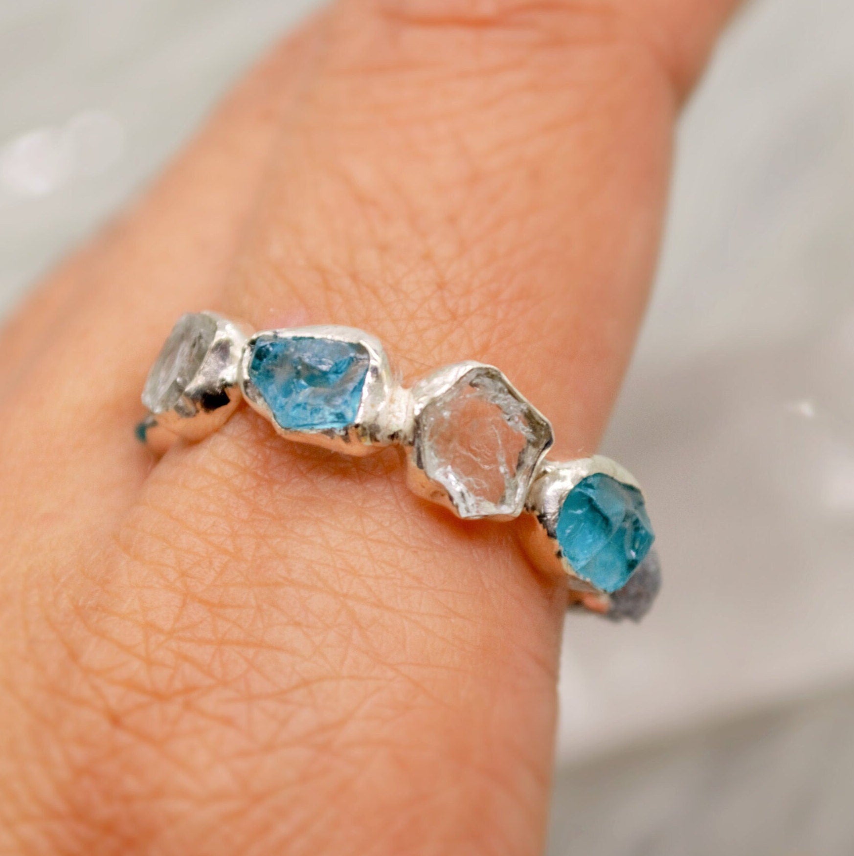 Raw Blue Apatite, Aquamarine Ring, Sterling Silver Ring, March Birthstone, Blue Gemstone Eternity Rings For Women, Apatite Jewelry