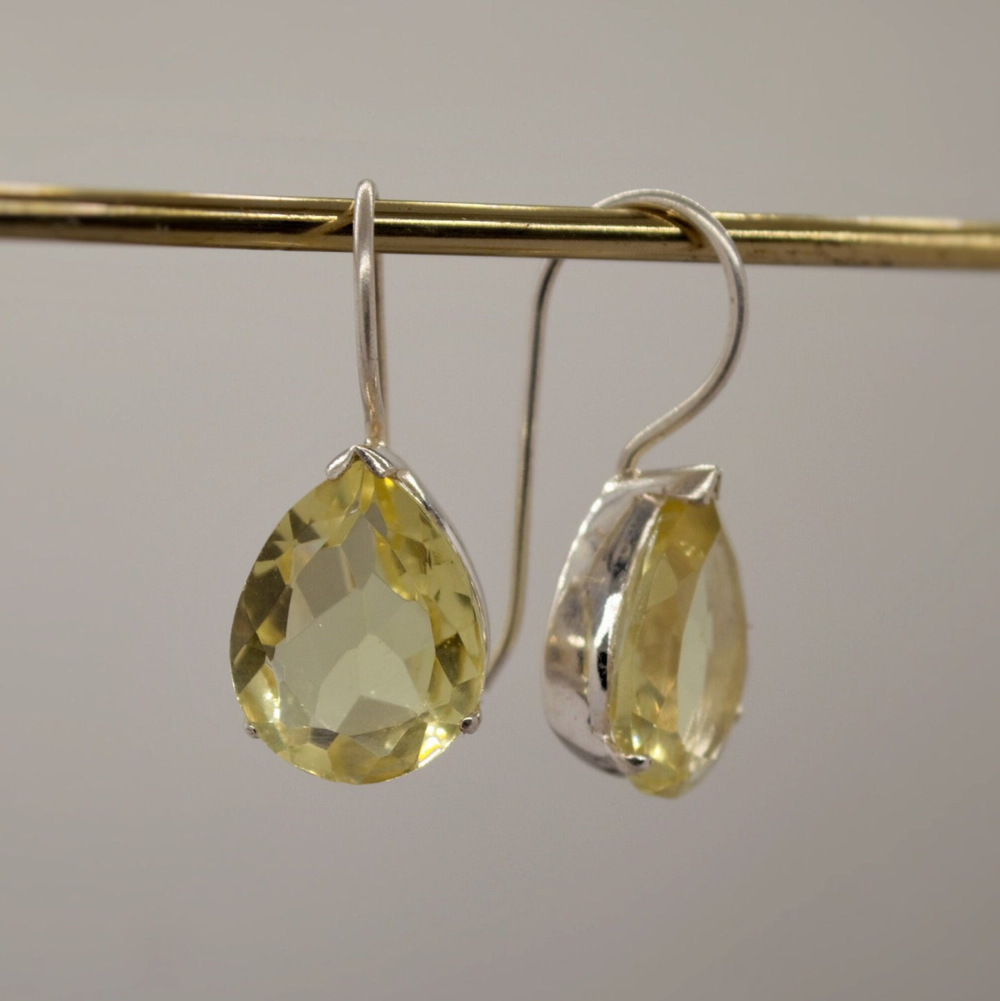 Lemon Quartz Sterling Silver Earrings, Yellow Quartz Earrings, Dangle Drop Gemstone Earrings, Lemon Quartz Jewelry, Gold Teardrop Earrings