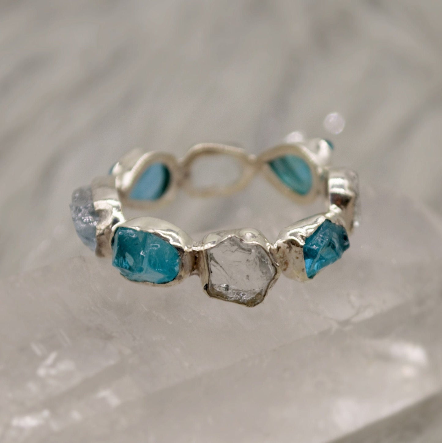 Raw Blue Apatite, Aquamarine Ring, Sterling Silver Ring, March Birthstone, Blue Gemstone Eternity Rings For Women, Apatite Jewelry