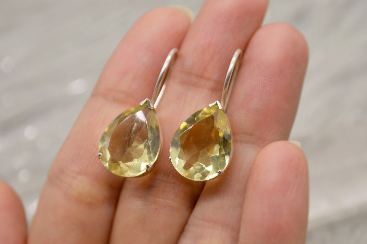 Lemon Quartz Sterling Silver Earrings, Yellow Quartz Earrings, Dangle Drop Gemstone Earrings, Lemon Quartz Jewelry, Gold Teardrop Earrings