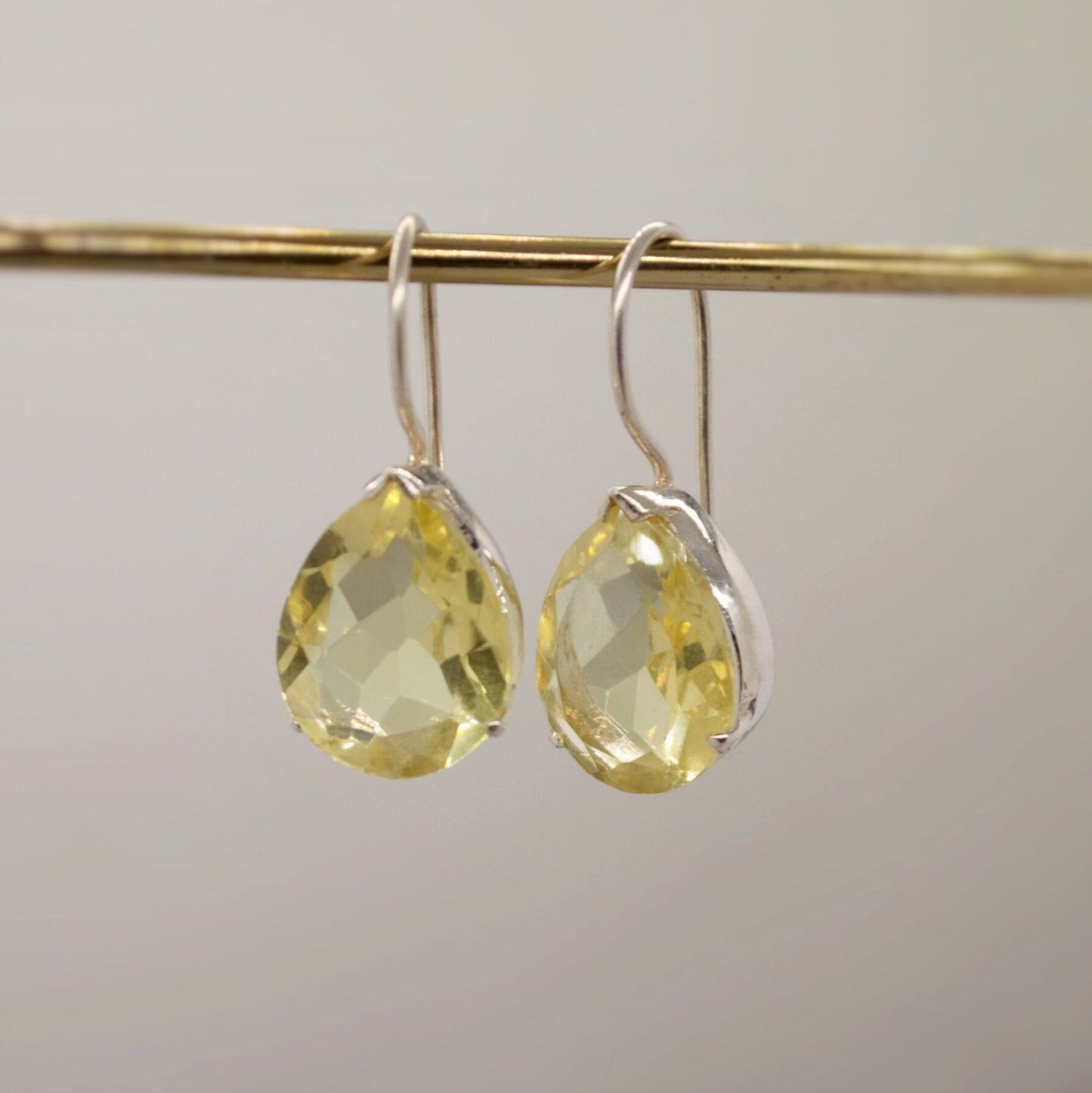 Lemon Quartz Sterling Silver Earrings, Yellow Quartz Earrings, Dangle Drop Gemstone Earrings, Lemon Quartz Jewelry, Gold Teardrop Earrings