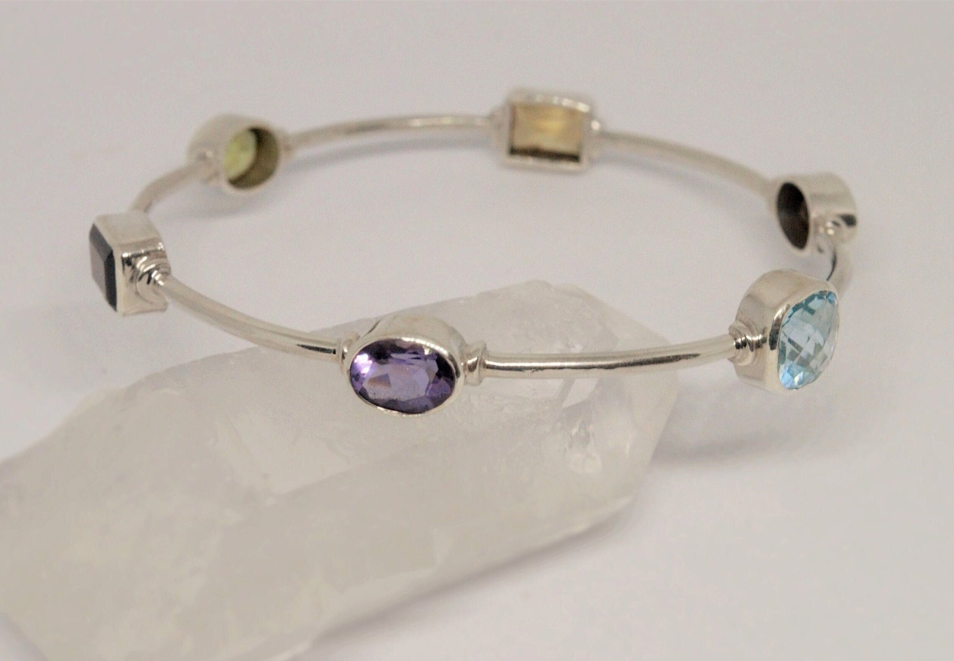 Multi Coloured Stones Bangle, Blue Topaz, Amethyst, Citrine Bracelet, Sterling Silver Bangle, Birthstone Bracelet Gift