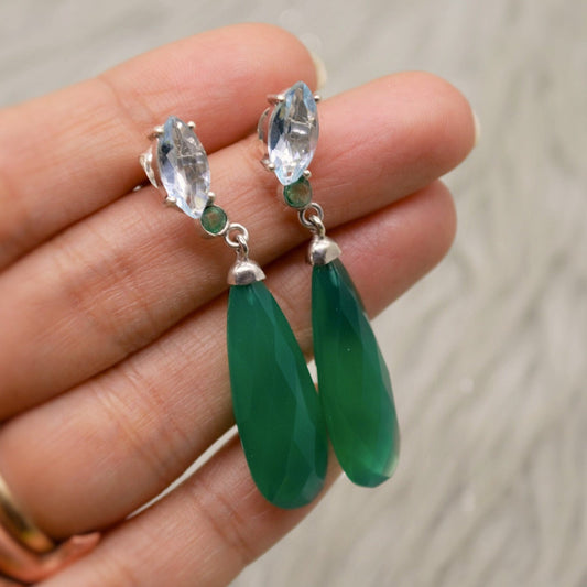 Green Onyx, Blue Topaz, Emerald Earrings, Sterling Silver Gemstone Earrings, May, December Birthstone Earrrings, Birthday Gifts For Her