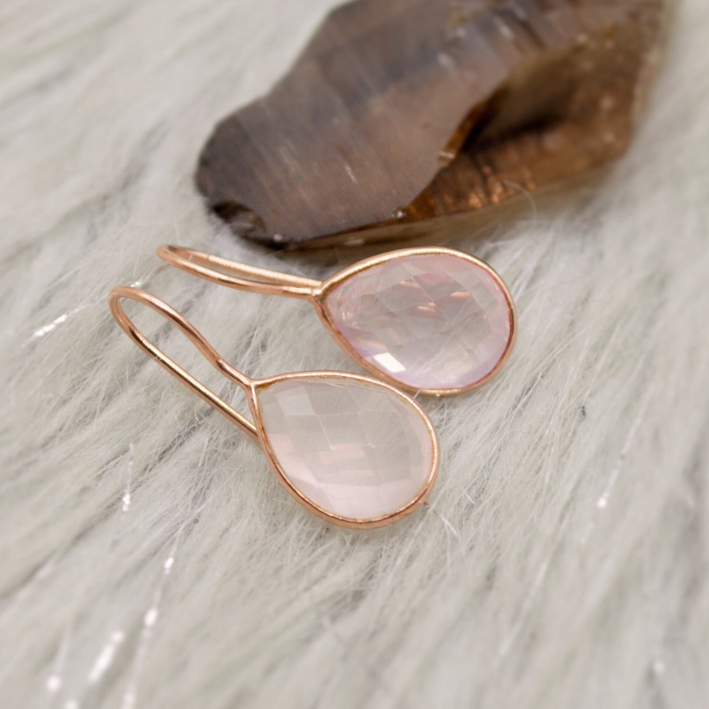 Rose Quartz Rose Gold Earrings, Unique Sterling Silver Dangle Drop Earrings, Birthday Gifts For Her, Gemstone Earrings, Quartz Jewelry