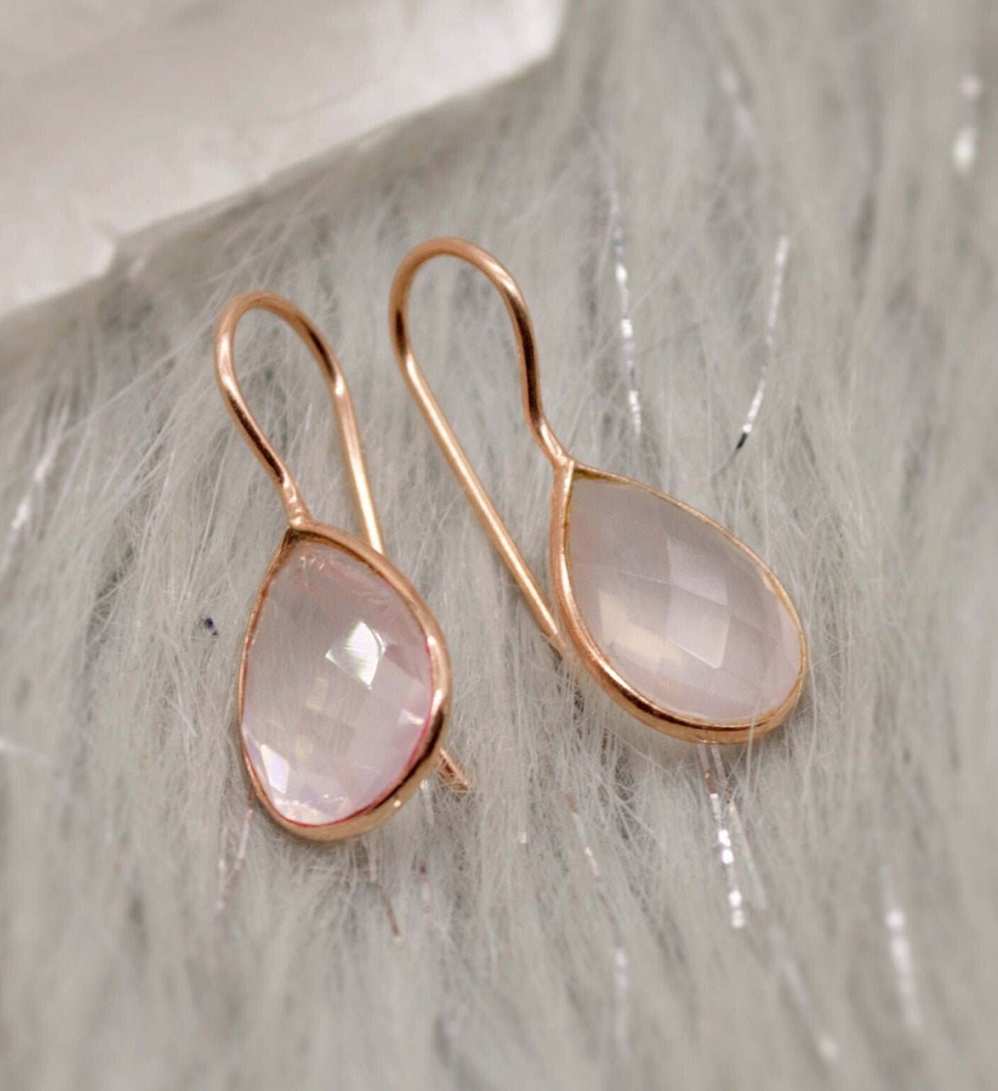 Rose Quartz Rose Gold Earrings, Unique Sterling Silver Dangle Drop Earrings, Birthday Gifts For Her, Gemstone Earrings, Quartz Jewelry