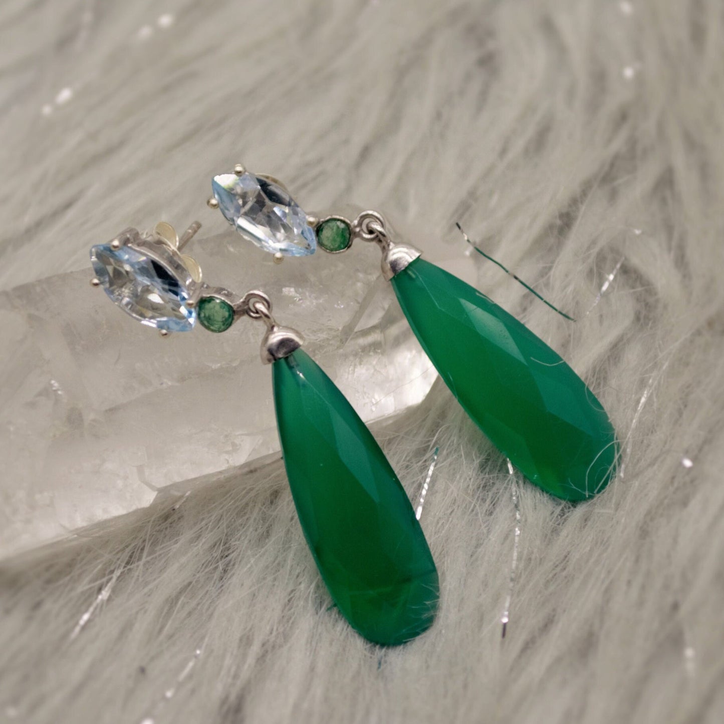 Green Onyx, Blue Topaz, Emerald Earrings, Sterling Silver Gemstone Earrings, May, December Birthstone Earrrings, Birthday Gifts For Her