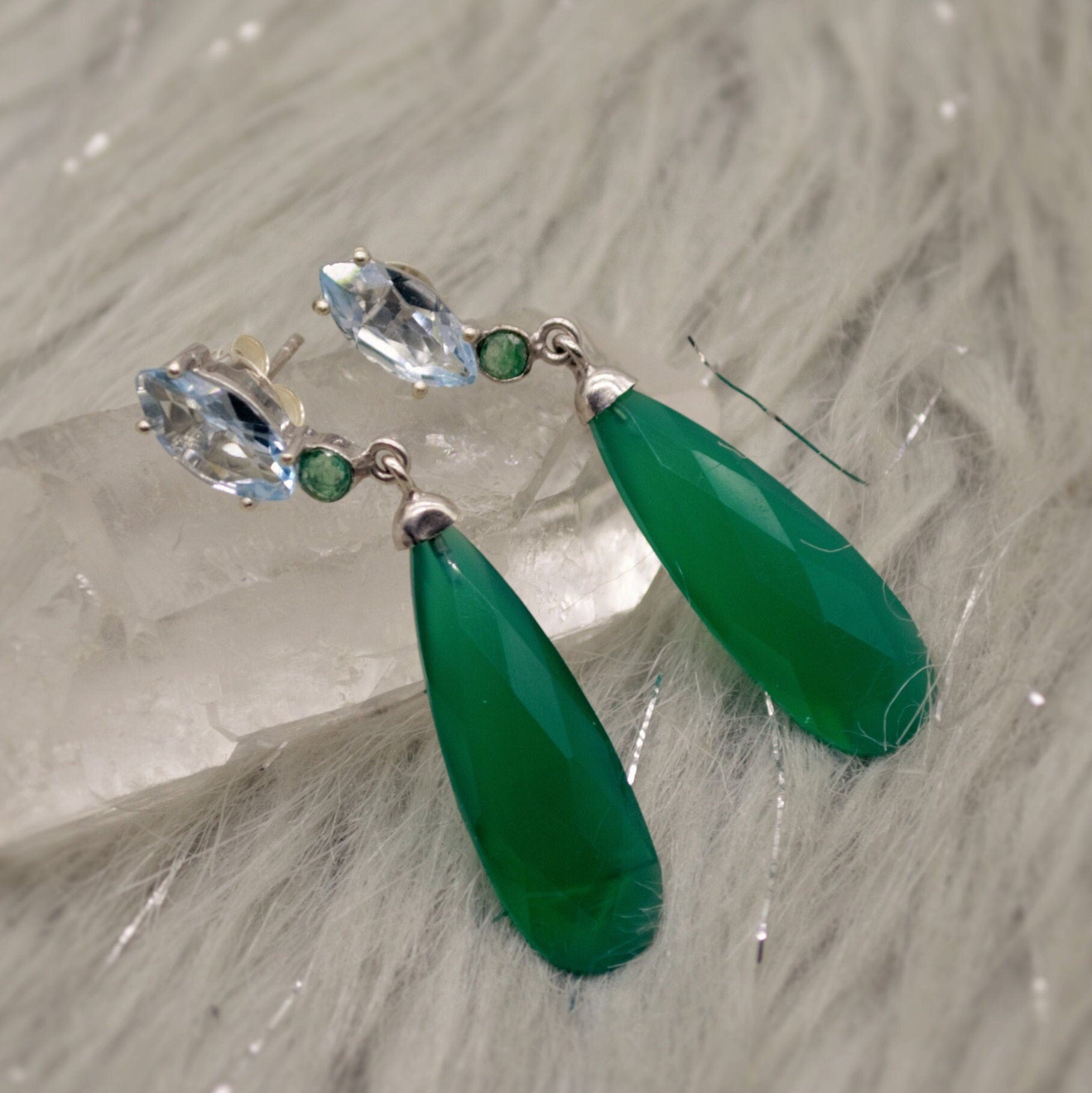 Green Onyx, Blue Topaz, Emerald Earrings, Sterling Silver Gemstone Earrings, May, December Birthstone Earrrings, Birthday Gifts For Her