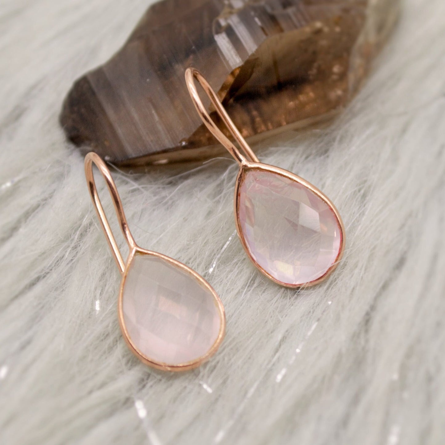 Rose Quartz Rose Gold Earrings, Unique Sterling Silver Dangle Drop Earrings, Birthday Gifts For Her, Gemstone Earrings, Quartz Jewelry