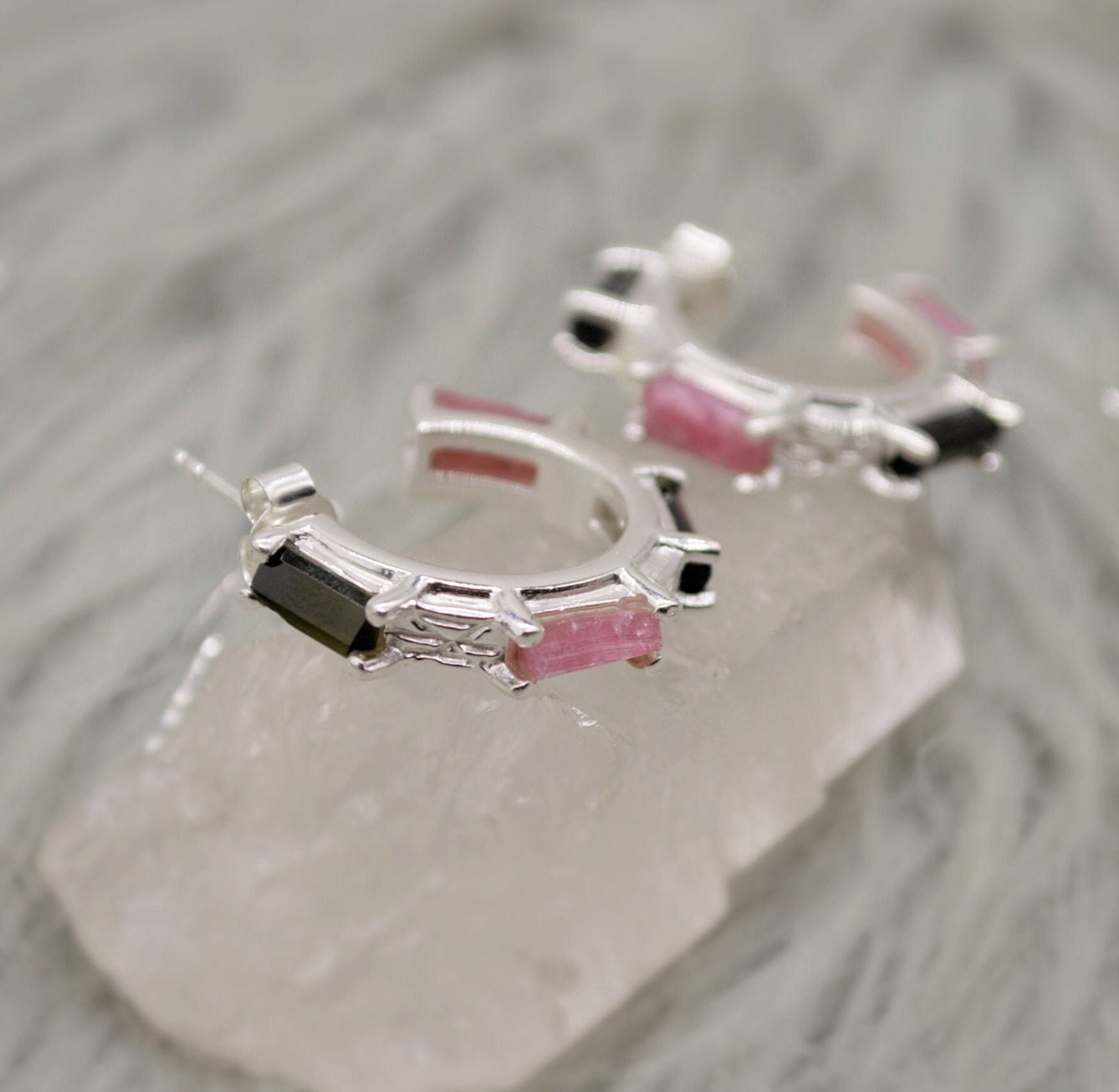 Pink, Black Tourmaline Earrings, Tourmaline Jewelry, October Birthstone Earrings, Handmade Sterling Silver Hoop Earrings, Unique Gemstone