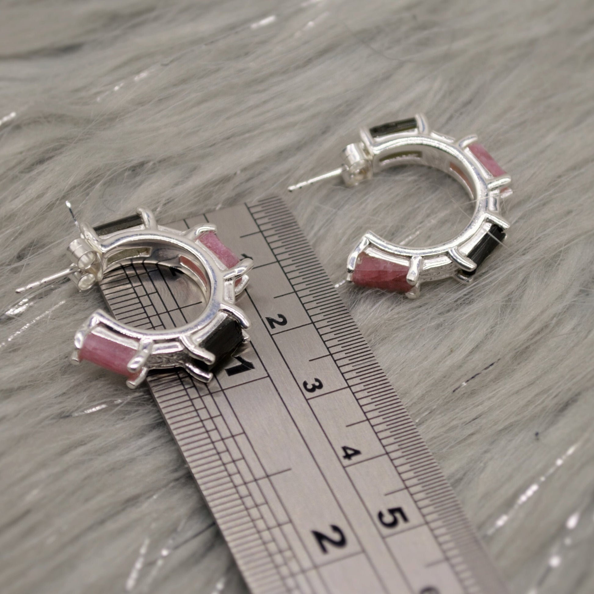 Pink, Black Tourmaline Earrings, Tourmaline Jewelry, October Birthstone Earrings, Handmade Sterling Silver Hoop Earrings, Unique Gemstone