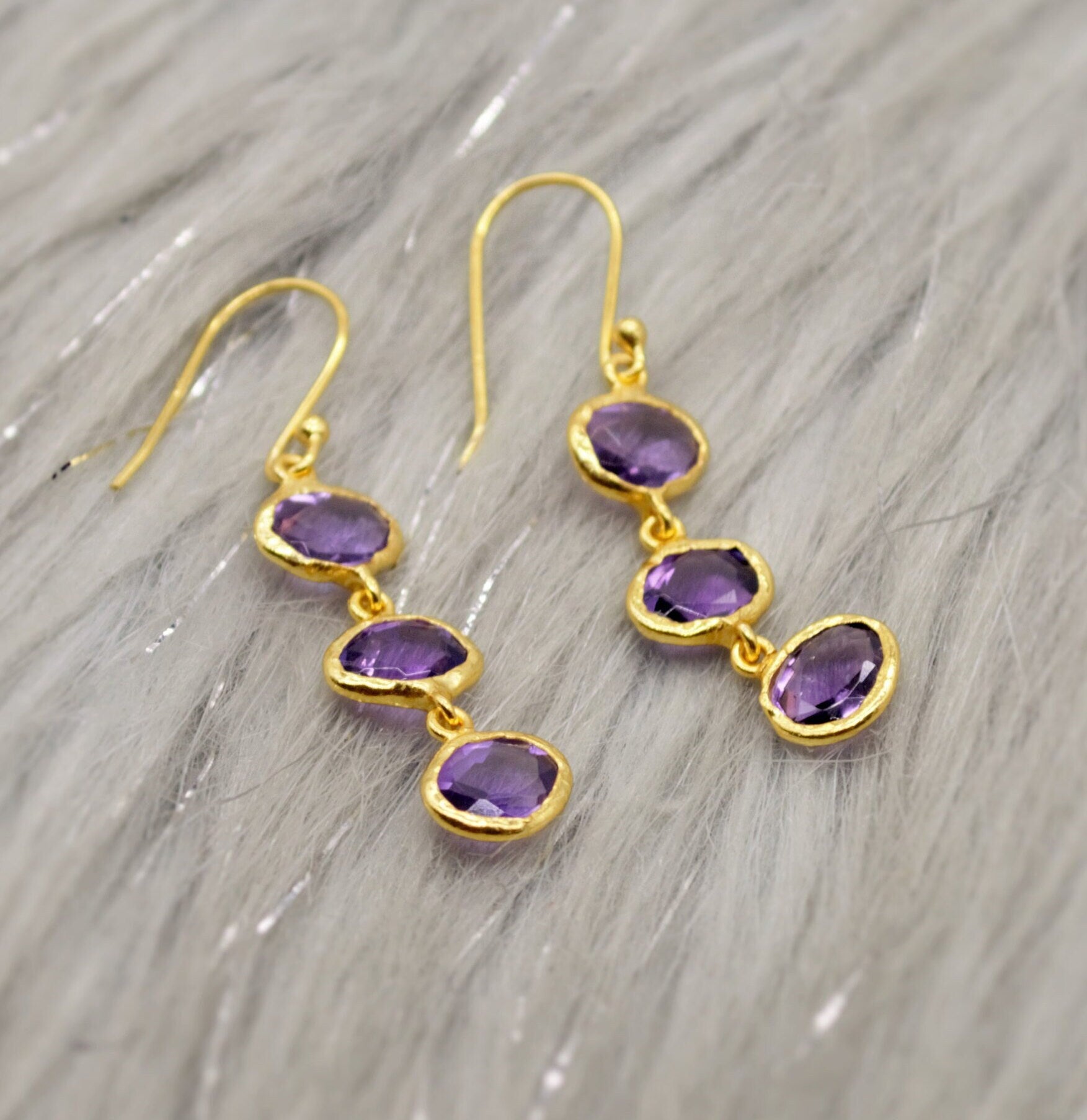 Amethyst Sterling Silver Drop Earrings, February Birthstone Earrings, Amethyst Gold Earrings, Dangle Drop Handmade Gemstone Earrings