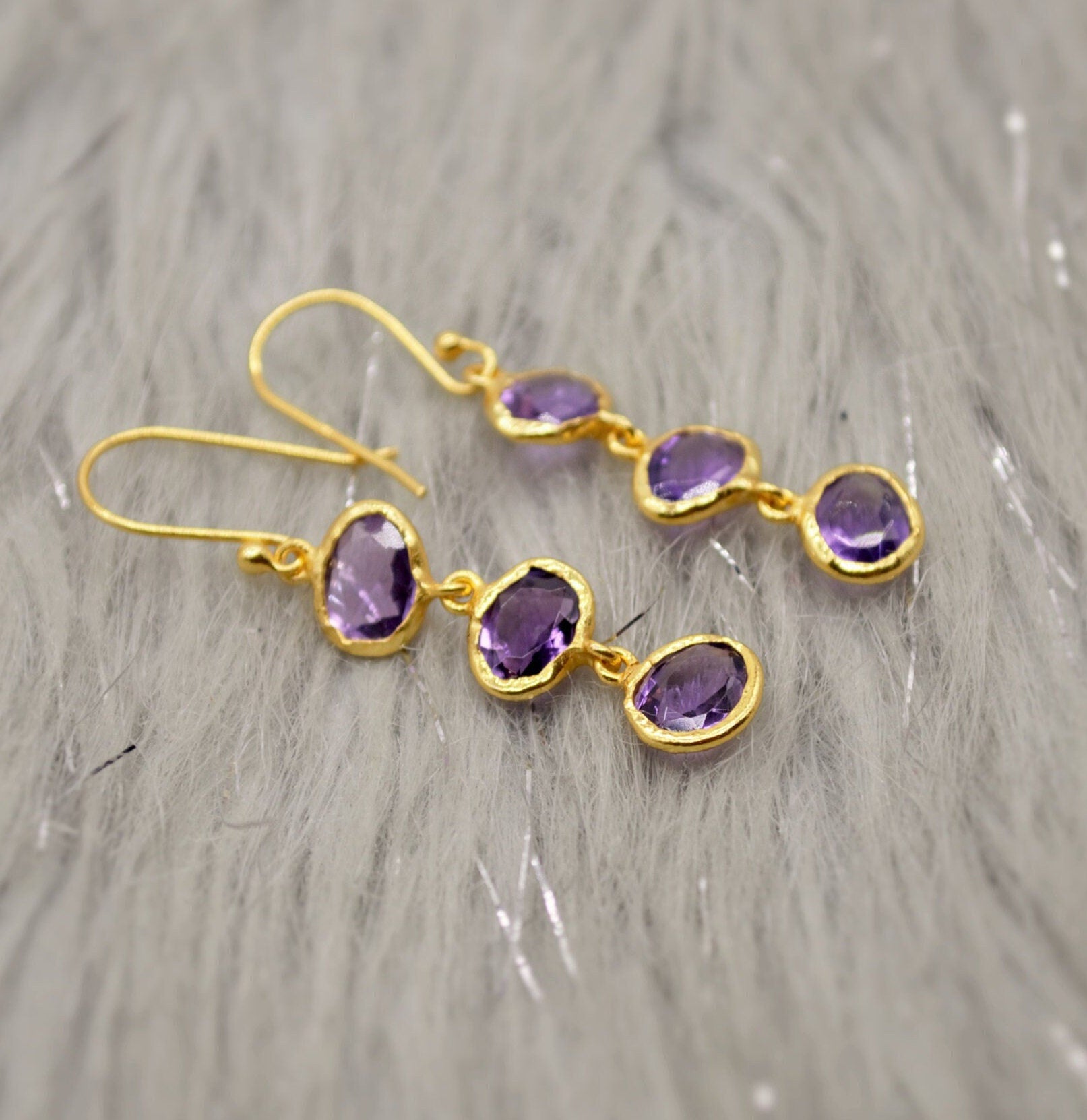 Amethyst Sterling Silver Drop Earrings, February Birthstone Earrings, Amethyst Gold Earrings, Dangle Drop Handmade Gemstone Earrings