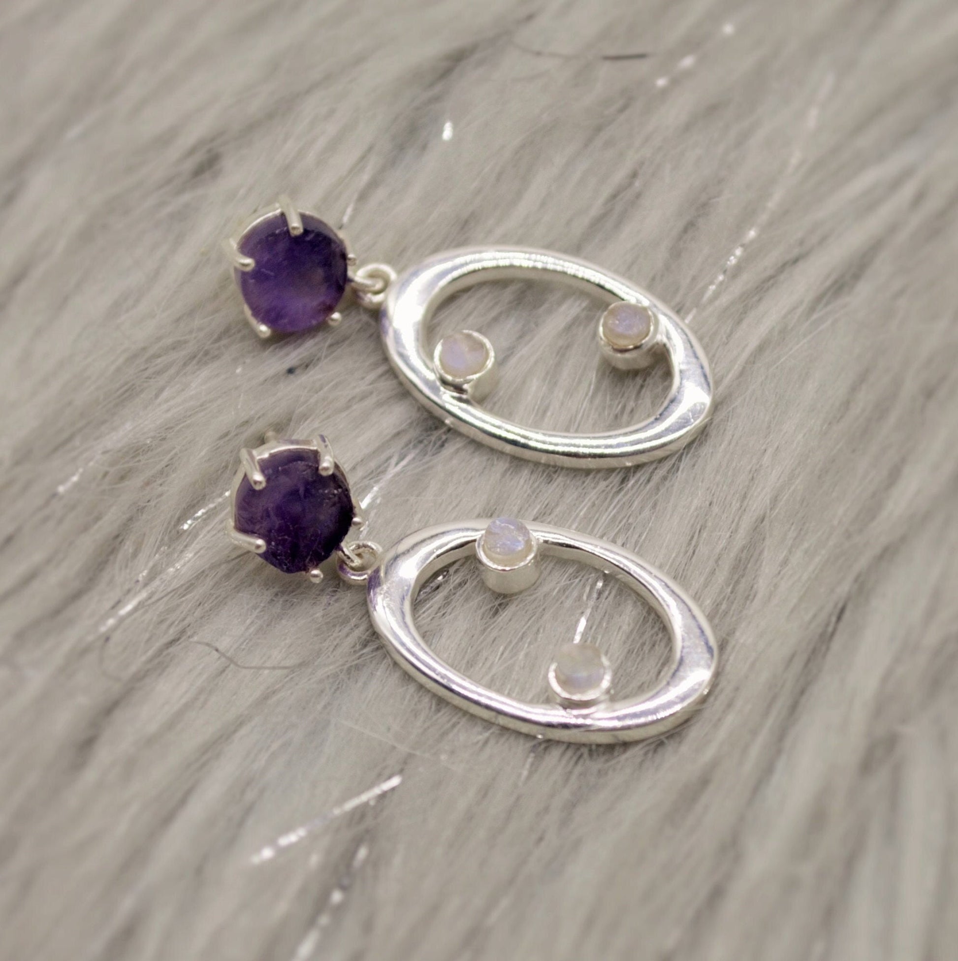 Amethyst, Moonstone Silver Earrings, Amethyst Jewelry, February Birthstone, Minimalist Purple Earrings, Unique Sterling Silver Drop Earrings