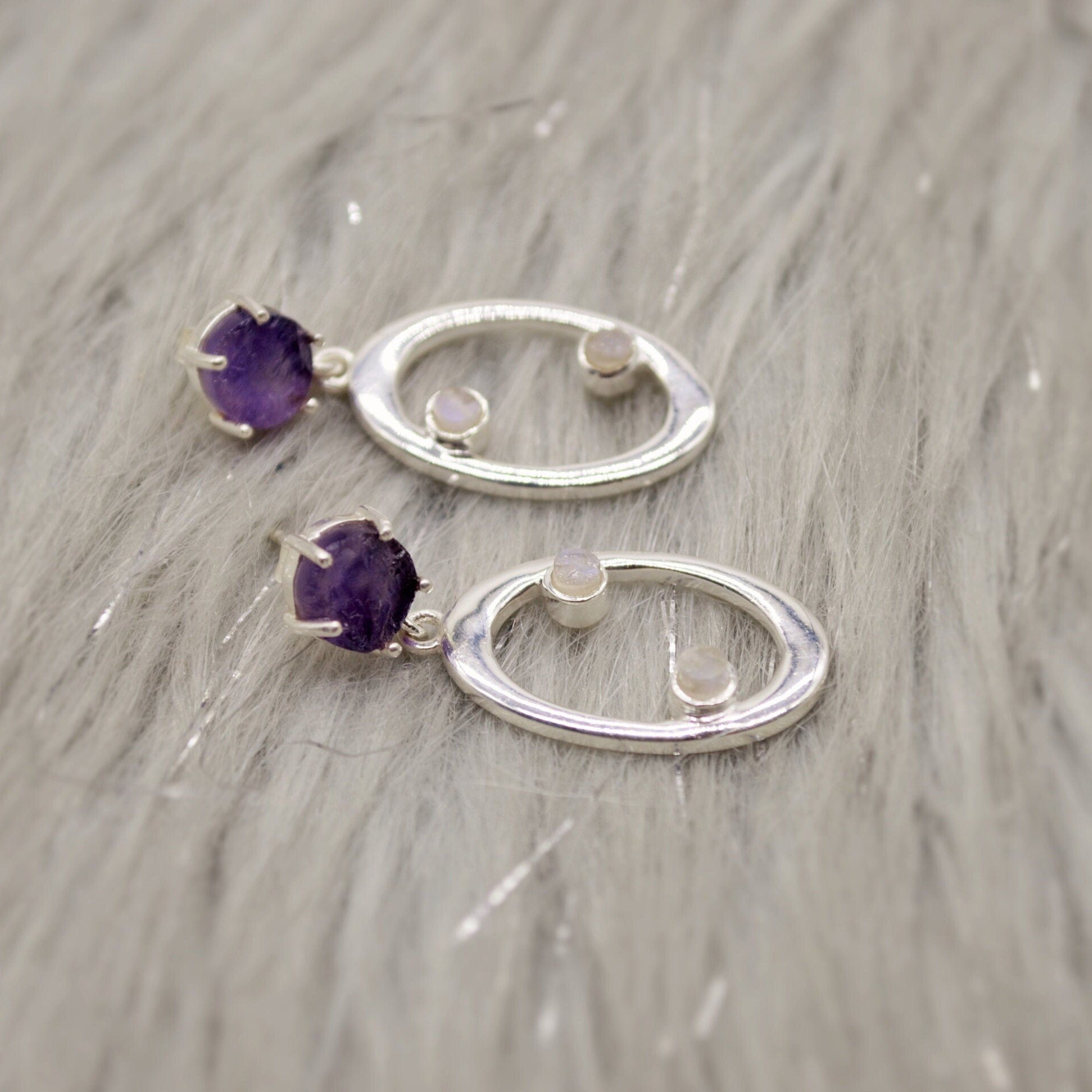 Amethyst, Moonstone Silver Earrings, Amethyst Jewelry, February Birthstone, Minimalist Purple Earrings, Unique Sterling Silver Drop Earrings