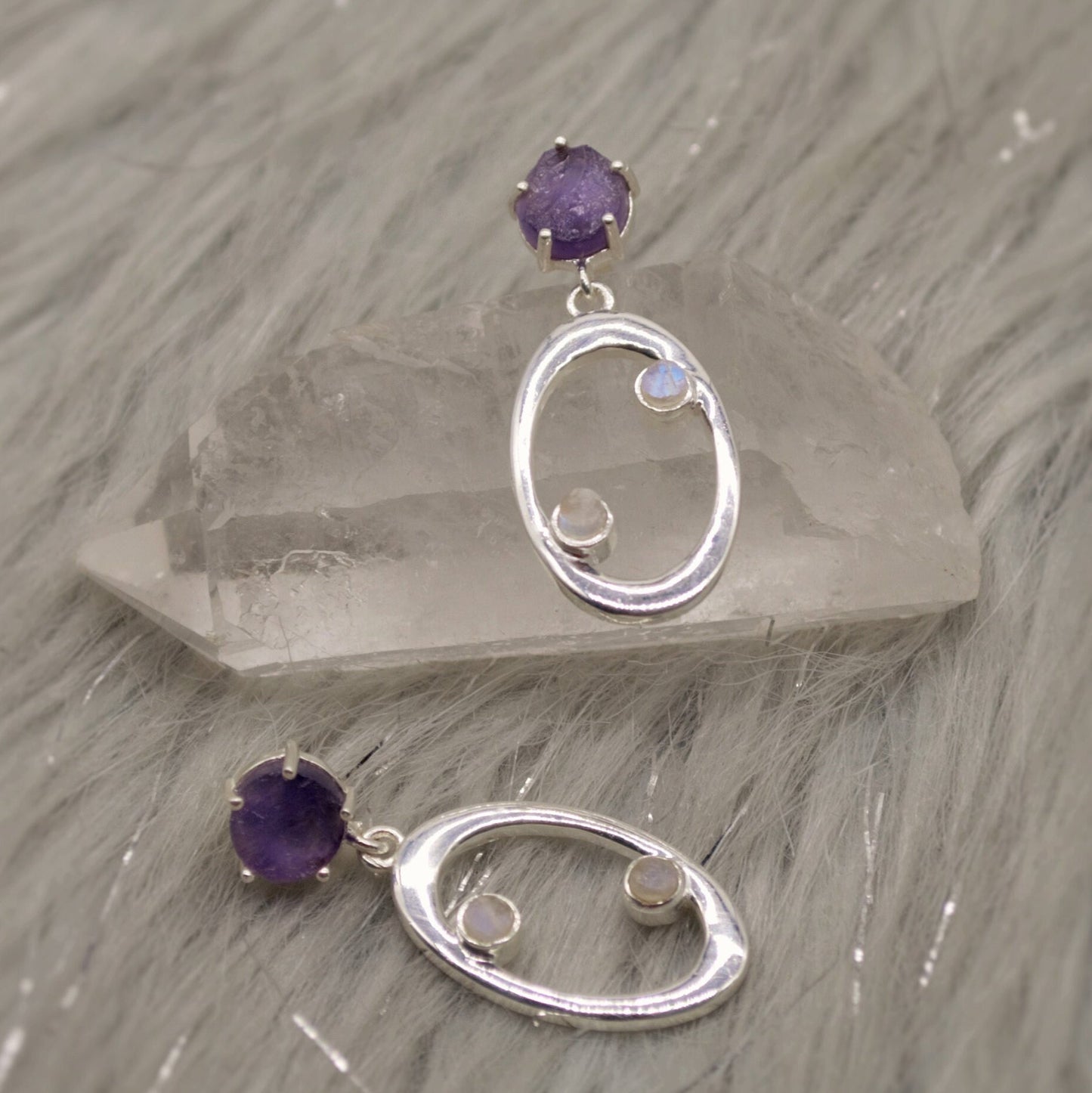 Amethyst, Moonstone Silver Earrings, Amethyst Jewelry, February Birthstone, Minimalist Purple Earrings, Unique Sterling Silver Drop Earrings