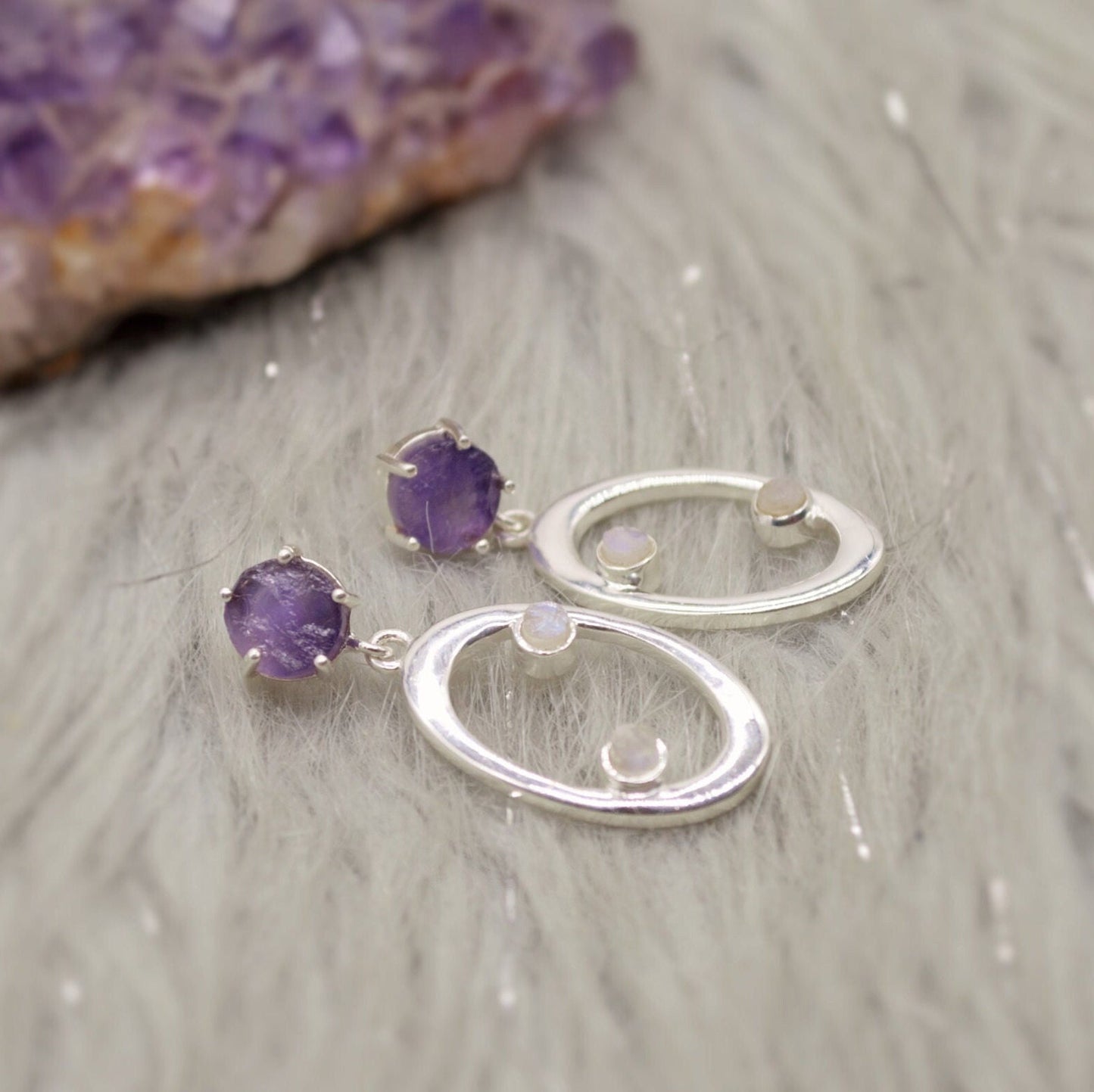 Amethyst, Moonstone Silver Earrings, Amethyst Jewelry, February Birthstone, Minimalist Purple Earrings, Unique Sterling Silver Drop Earrings