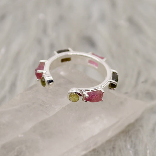 Pink, Black Tourmaline Ring, Tourmaline Jewelry, October Birthstone Ring, Handmade Sterling Silver Hoop Rings, Unique Gemstone Open Ring