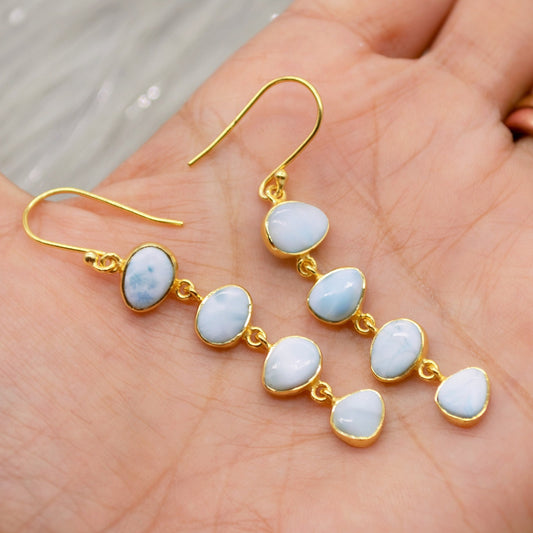 Larimar Dangle Drop Earrings, Gold Plated Sterling Silver Earrings, Blue Larimar Stone, Unique Larimar Gemstone, Handmade Gifts For Her