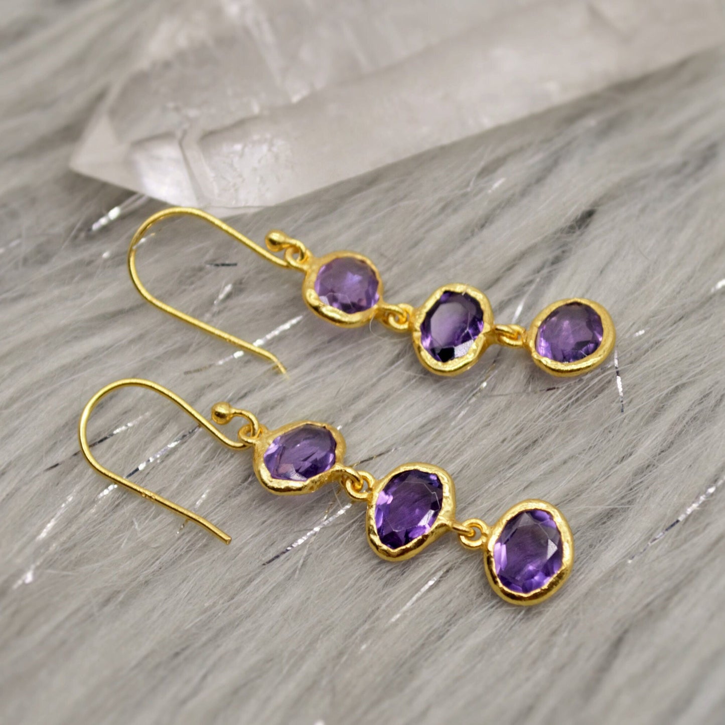 Amethyst Sterling Silver Drop Earrings, February Birthstone Earrings, Amethyst Gold Earrings, Dangle Drop Handmade Gemstone Earrings