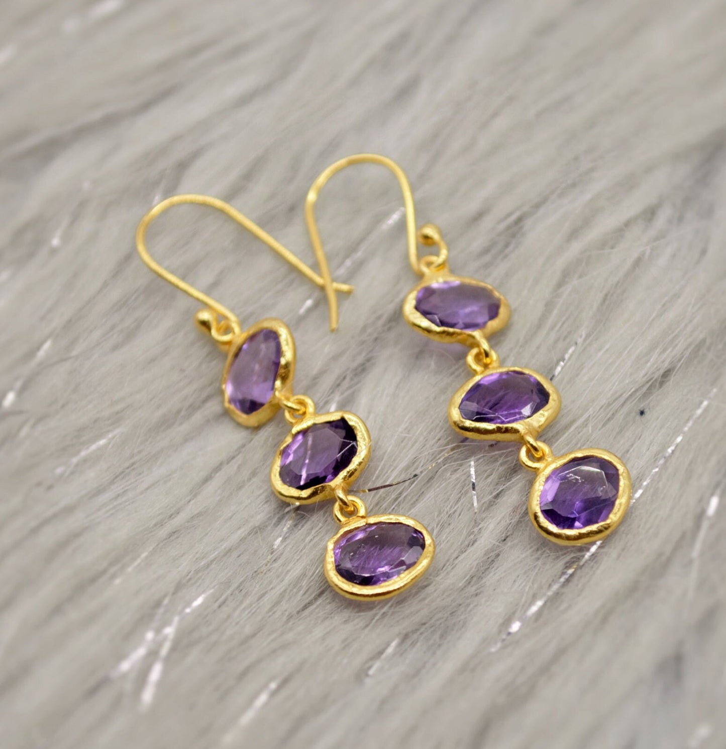 Amethyst Sterling Silver Drop Earrings, February Birthstone Earrings, Amethyst Gold Earrings, Dangle Drop Handmade Gemstone Earrings