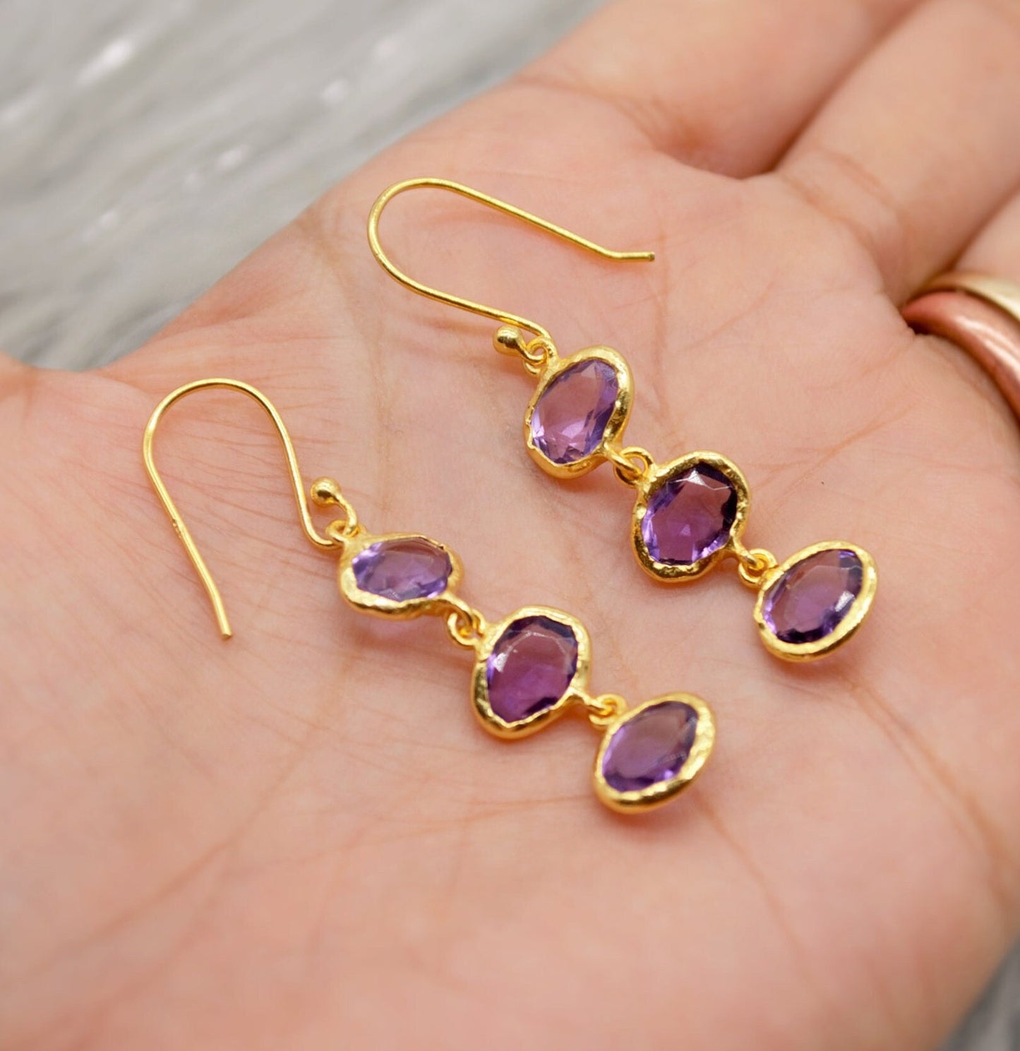 Amethyst Sterling Silver Drop Earrings, February Birthstone Earrings, Amethyst Gold Earrings, Dangle Drop Handmade Gemstone Earrings