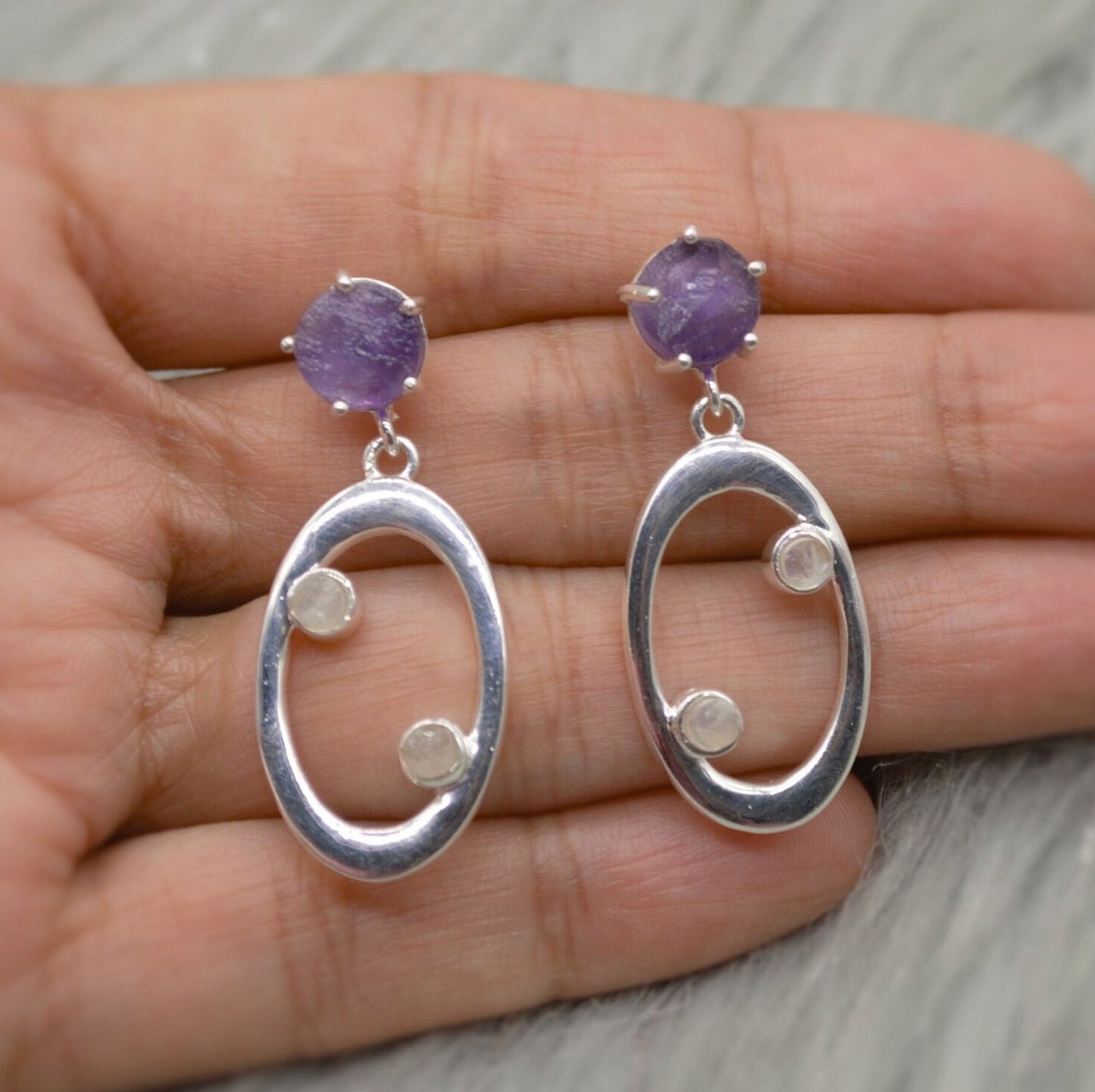 Amethyst, Moonstone Silver Earrings, Amethyst Jewelry, February Birthstone, Minimalist Purple Earrings, Unique Sterling Silver Drop Earrings