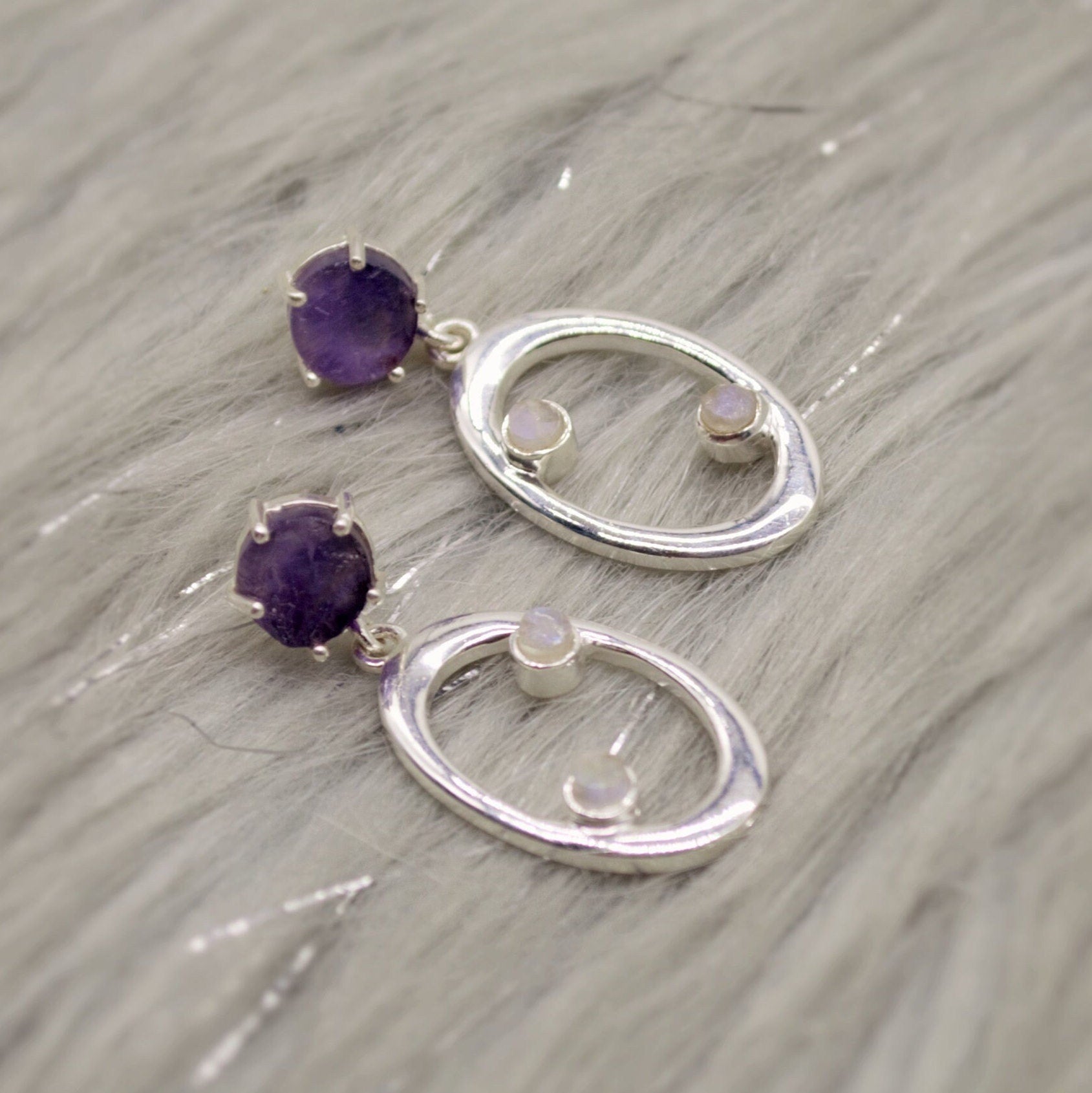 Amethyst, Moonstone Silver Earrings, Amethyst Jewelry, February Birthstone, Minimalist Purple Earrings, Unique Sterling Silver Drop Earrings