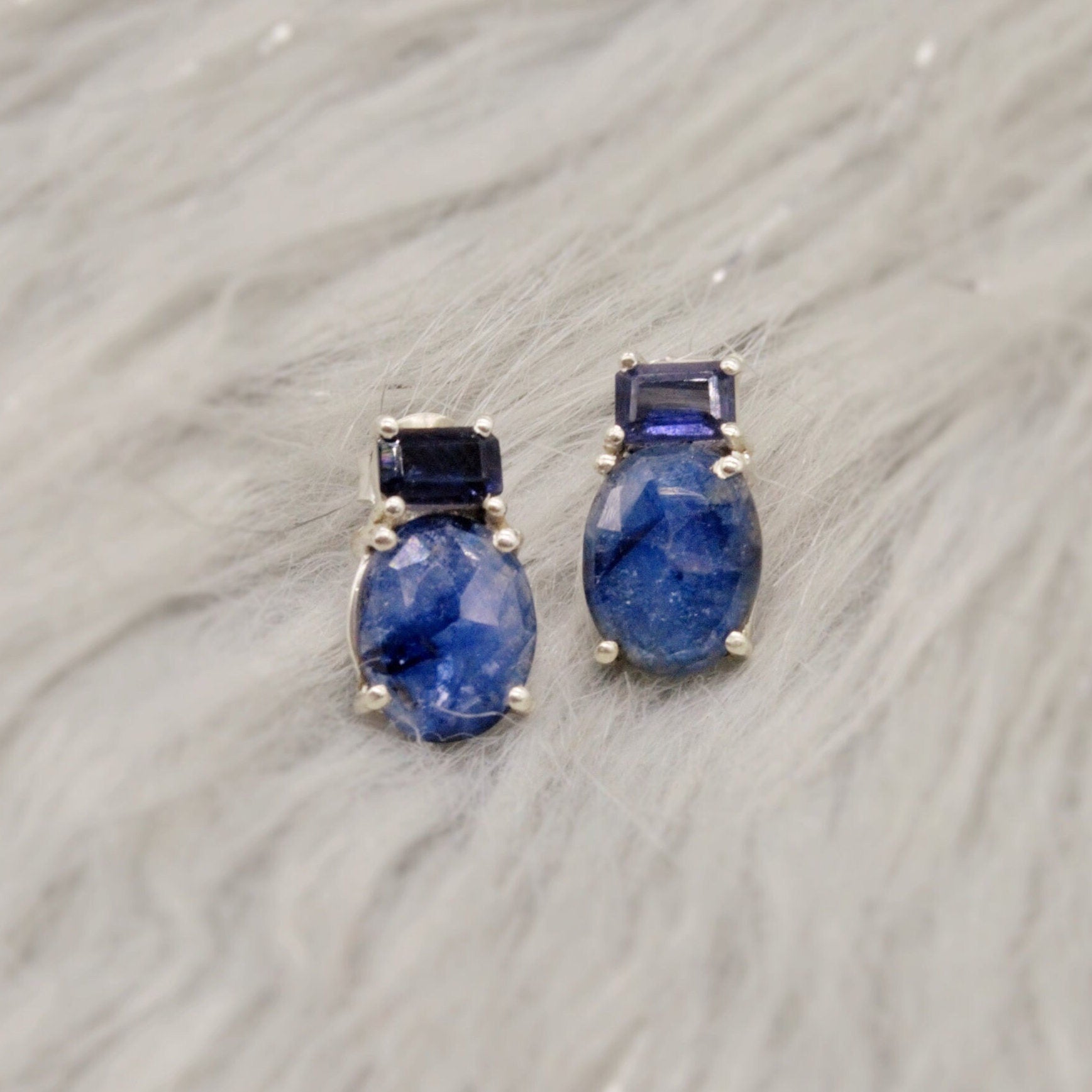 Sapphire, Iolite Silver Stud Earrings, September Birthstone Jewelry, Sapphire Jewelry, Iolite Jewelry, Raw Blue Gemstone Earrings