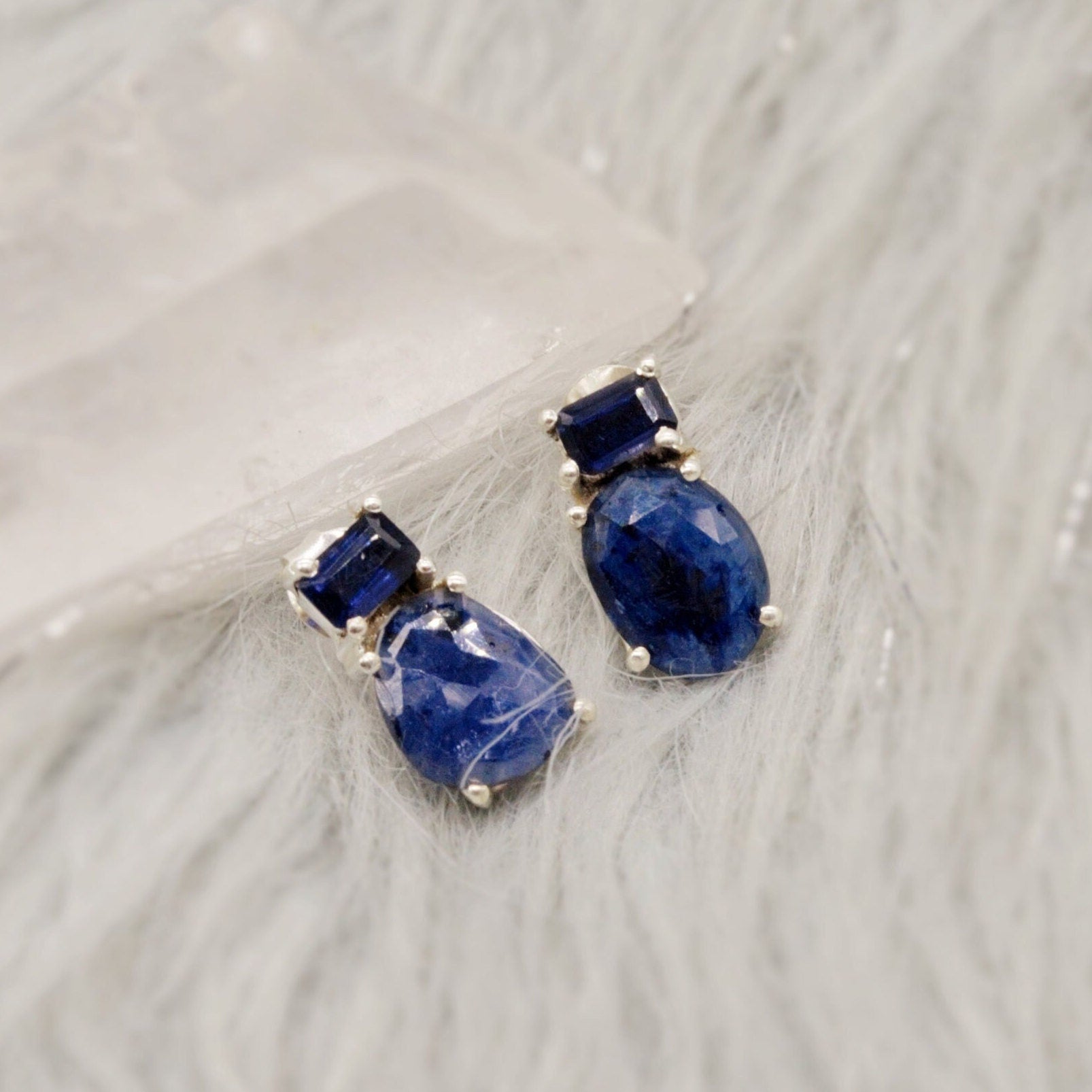 Sapphire, Iolite Silver Stud Earrings, September Birthstone Jewelry, Sapphire Jewelry, Iolite Jewelry, Raw Blue Gemstone Earrings