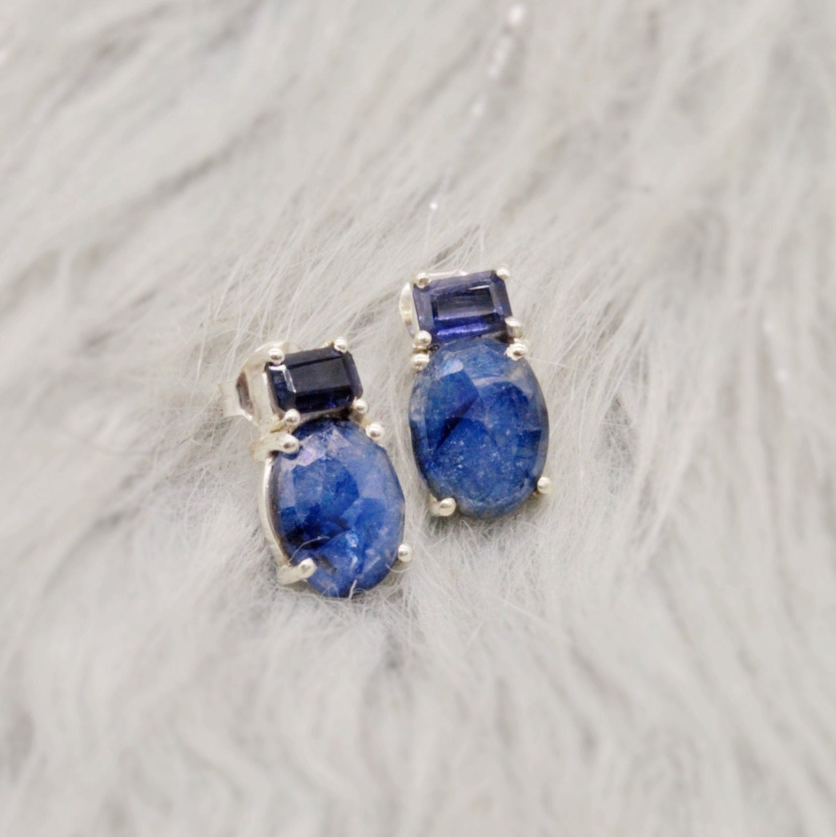 Sapphire, Iolite Silver Stud Earrings, September Birthstone Jewelry, Sapphire Jewelry, Iolite Jewelry, Raw Blue Gemstone Earrings