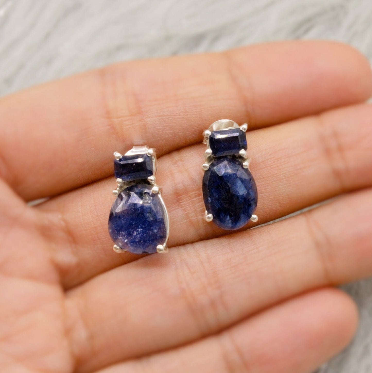 Sapphire, Iolite Silver Stud Earrings, September Birthstone Jewelry, Sapphire Jewelry, Iolite Jewelry, Raw Blue Gemstone Earrings