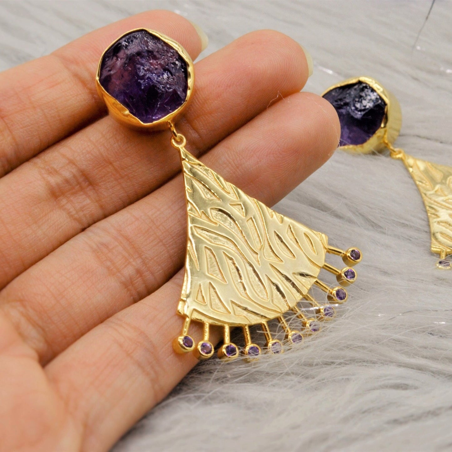 Purple Raw Amethyst Gold Earrings, February Birthstone, Indian Ethnic Jhumka Drop Earrings, Unique Statement Gemstone Earrings, Gift For Her