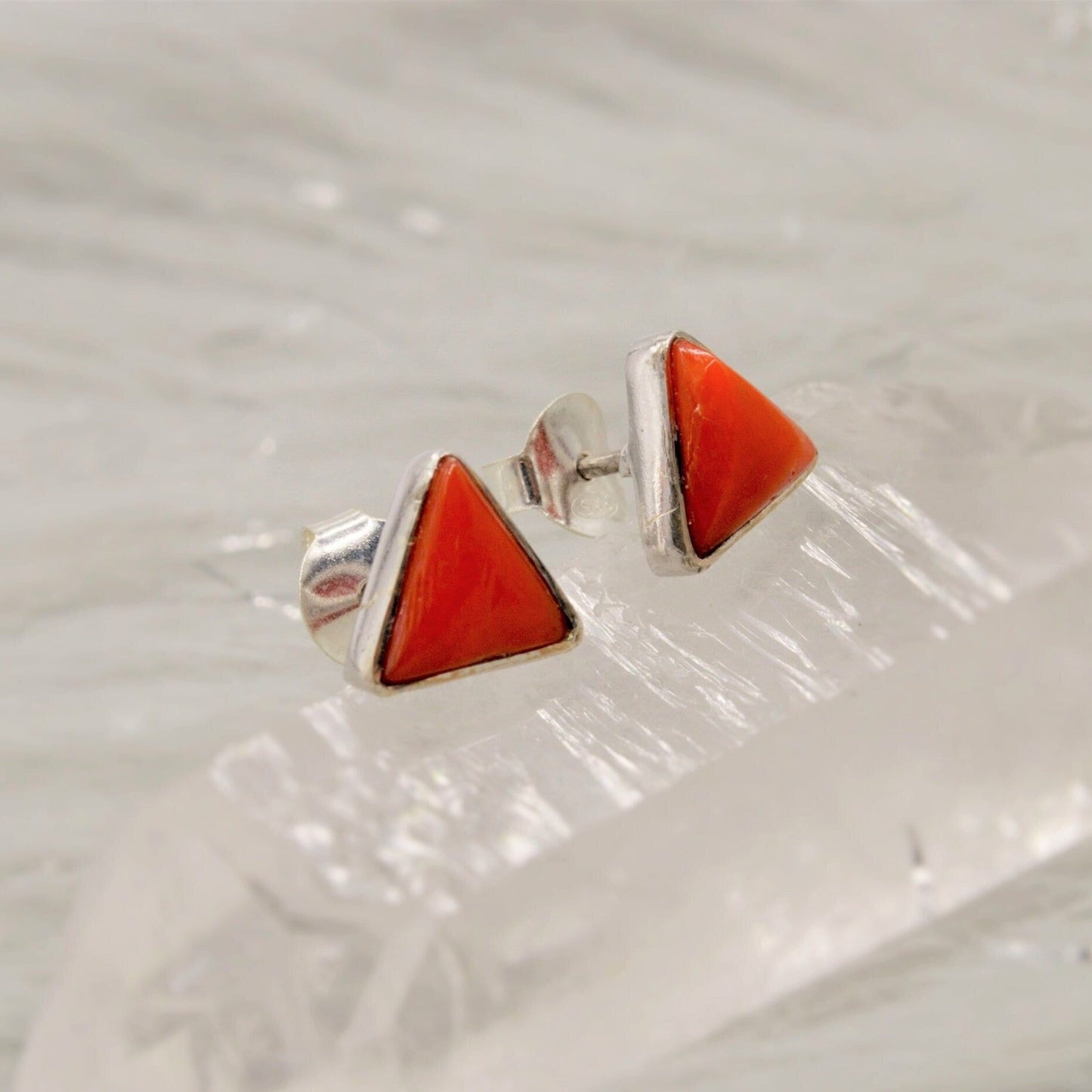 Red Coral Sterling Silver Stud Earrings, Dainty Triangle Earrings, Everyday Gemstone Earrings, Coral Jewelry, Birthday Gifts For Her