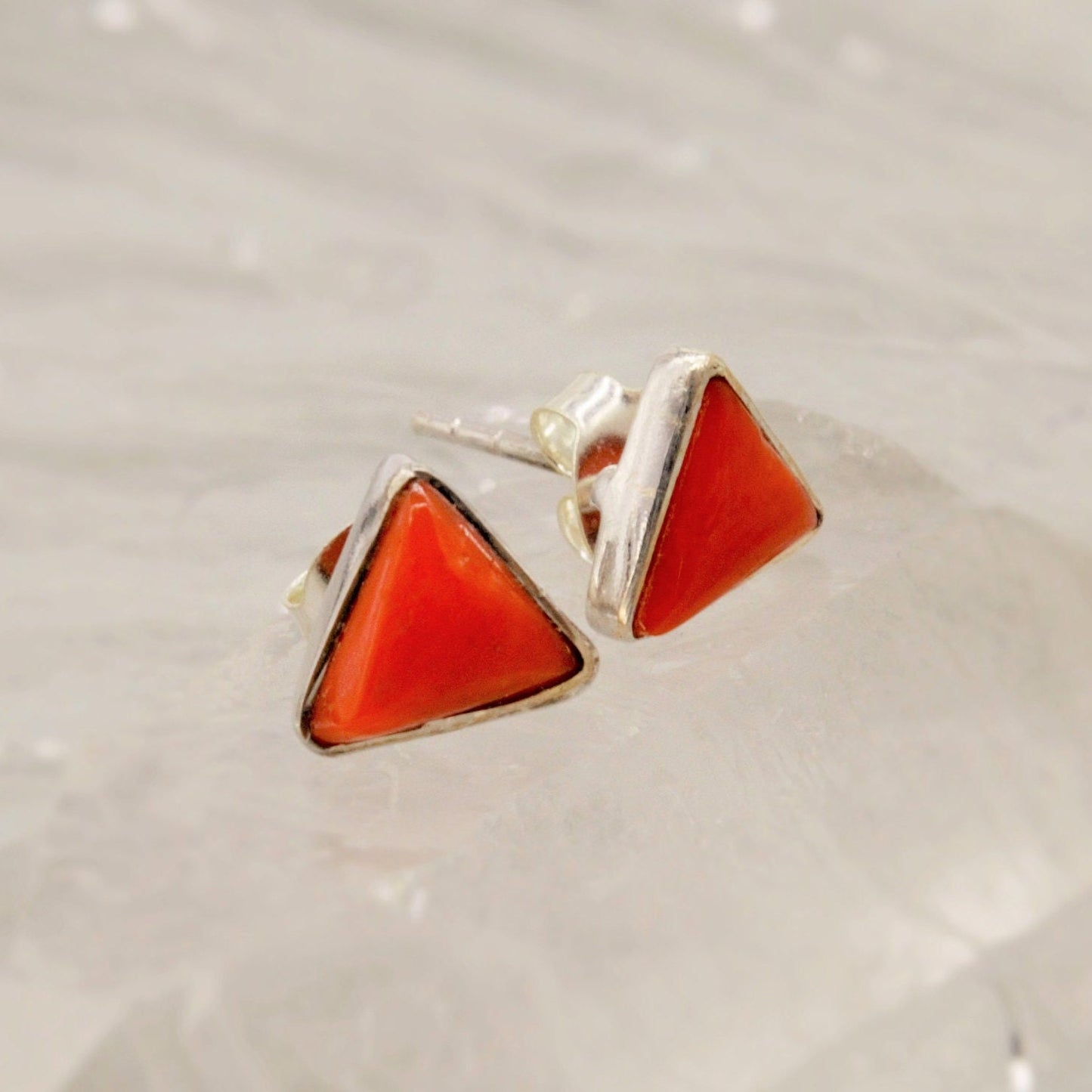 Red Coral Sterling Silver Stud Earrings, Dainty Triangle Earrings, Everyday Gemstone Earrings, Coral Jewelry, Birthday Gifts For Her