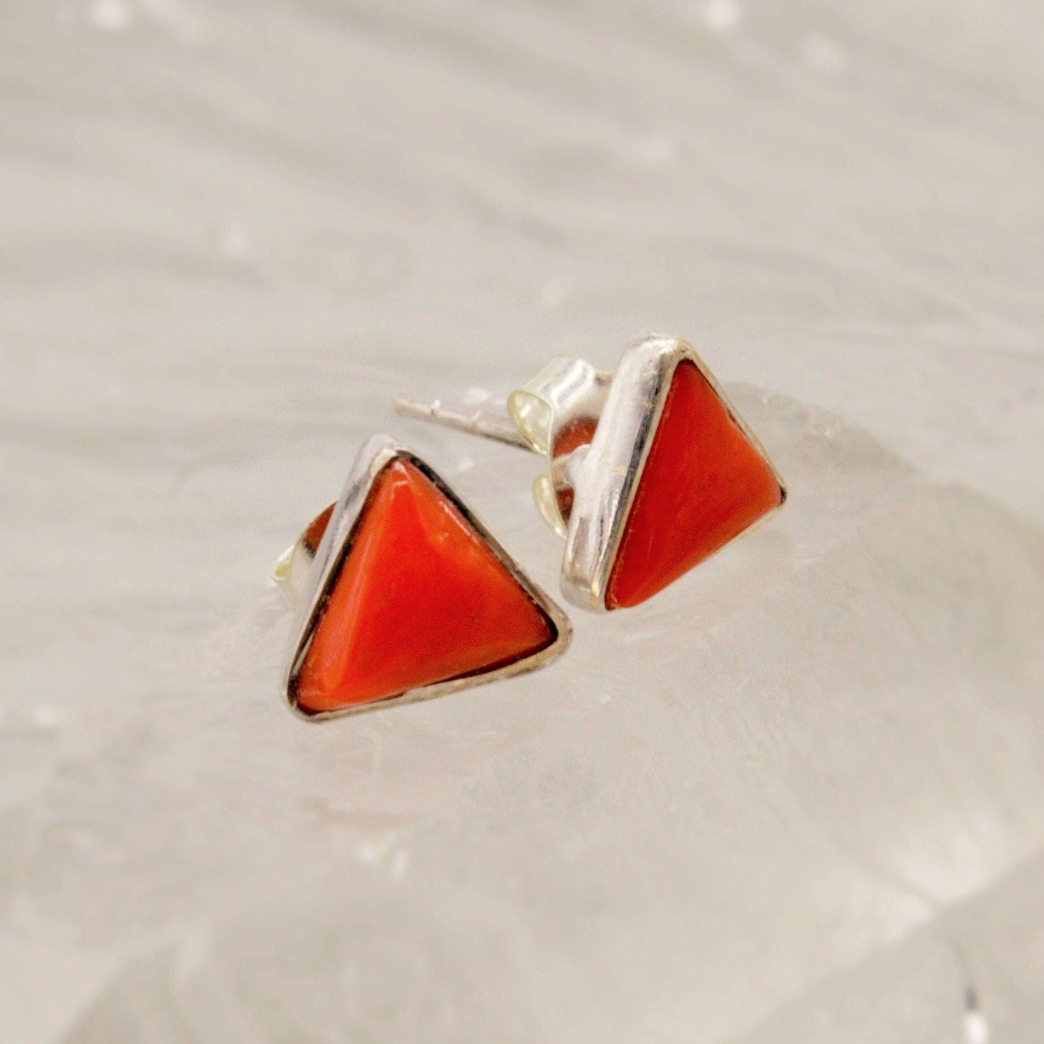 Red Coral Sterling Silver Stud Earrings, Dainty Triangle Earrings, Everyday Gemstone Earrings, Coral Jewelry, Birthday Gifts For Her