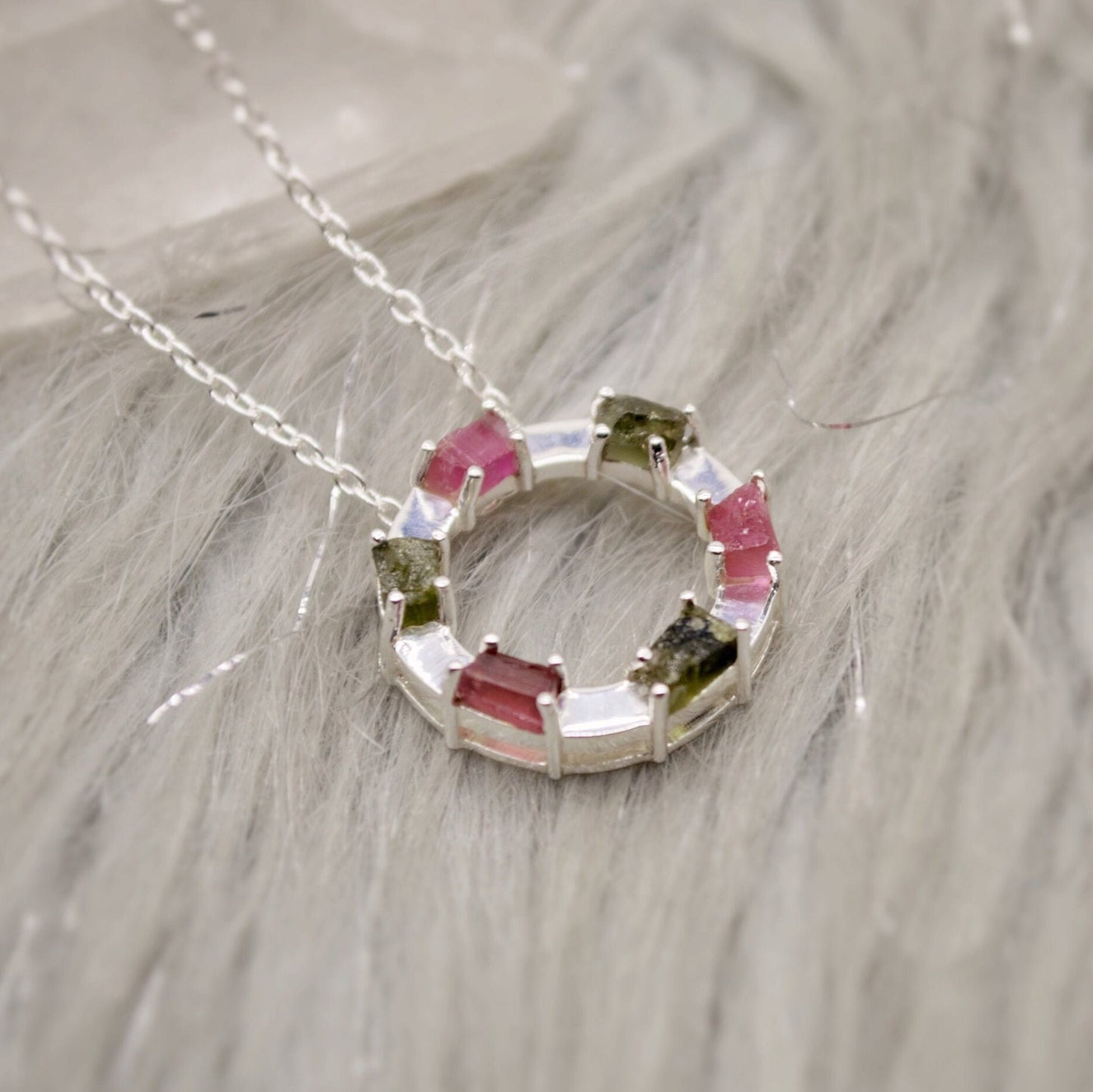 Green, Pink Tourmaline Pendant Necklace, Sterling Silver Chain Necklace, October Birthstone, Gemstone Necklace Gift For Her